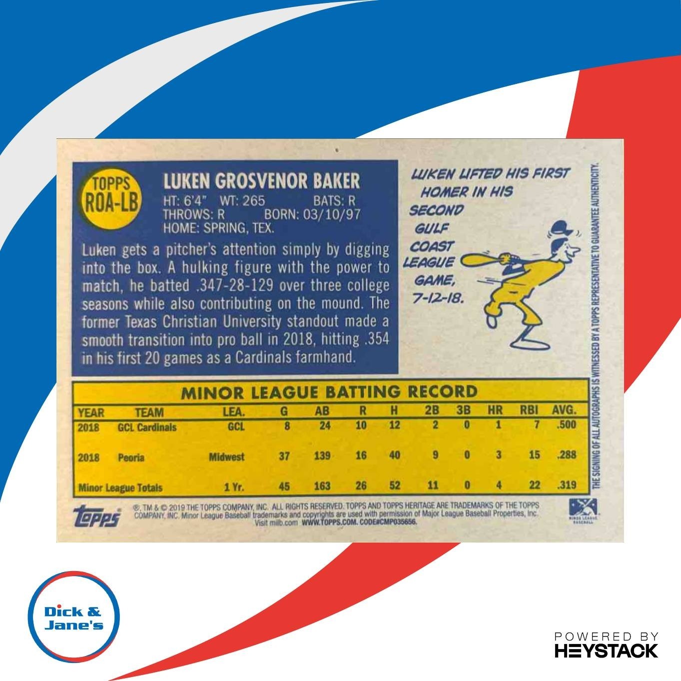 2019 Topps Heritage Minor League Luken Baker Real One Auto #ROA-LB