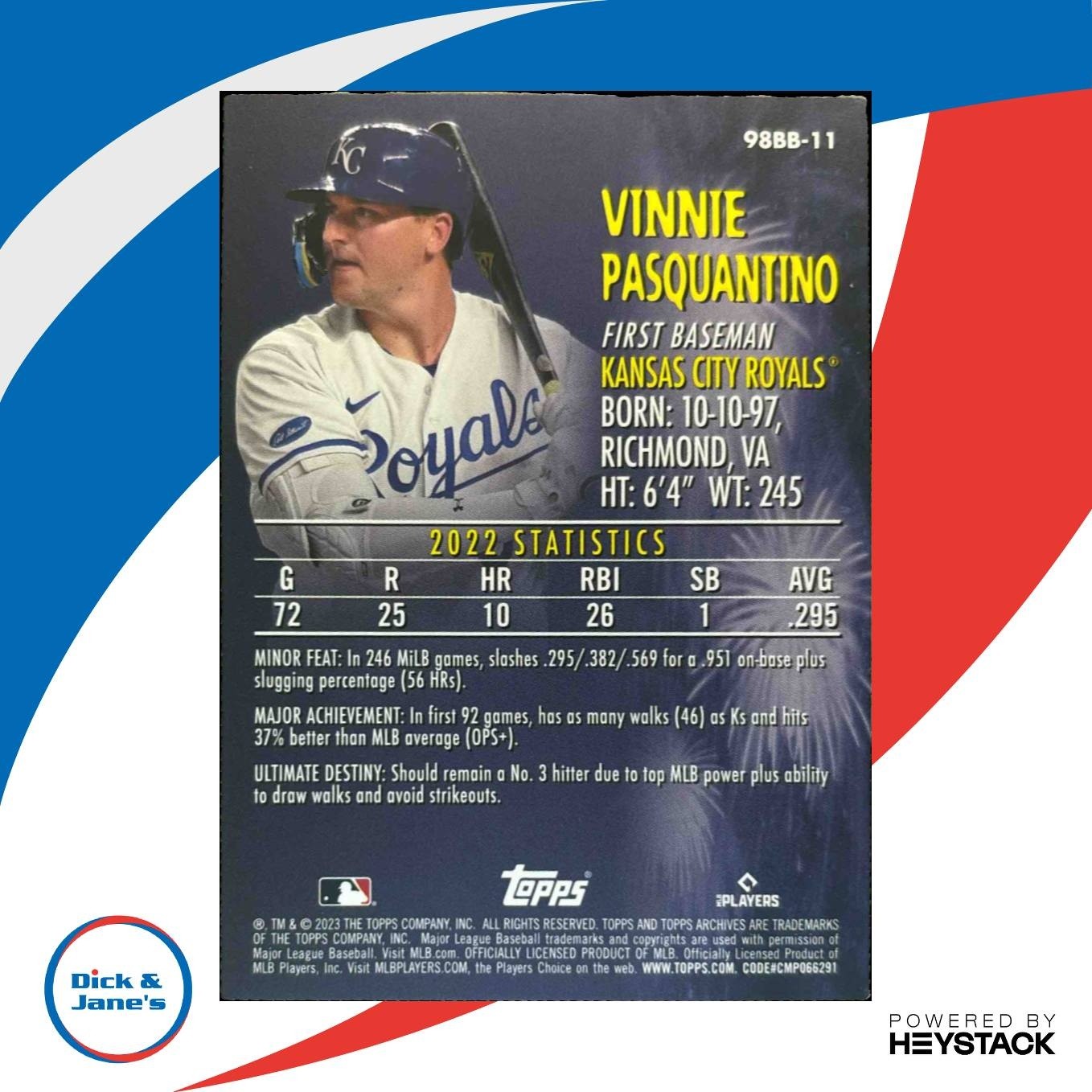 2023 Topps Archives Vinnie Pasquantino 1998 Baby Boomers RC Kansas City Royals