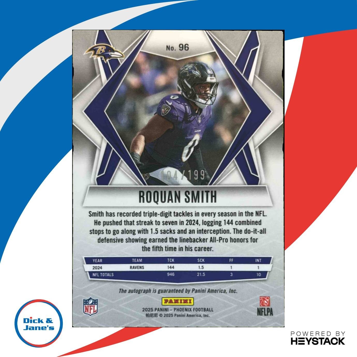 2025 Panini Phoenix Roquan Smith Auto 104/199 #96 Baltimore Ravens