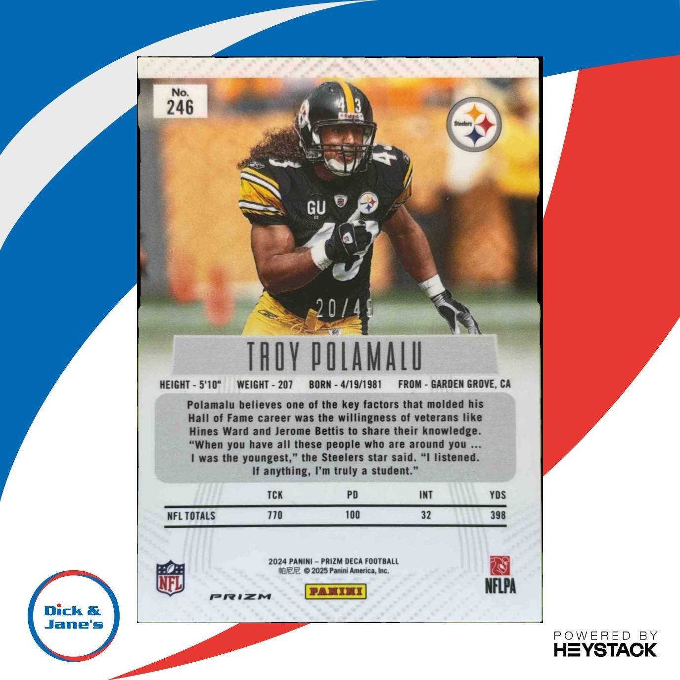 2024 Panini Prizm Deca Troy Polamalu Orange 20/49 #246 Pittsburgh Steelers
