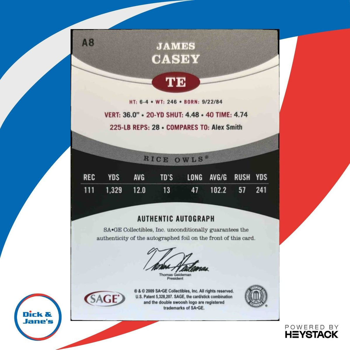 2009 SAGE James Casey Auto Red #A8 RC