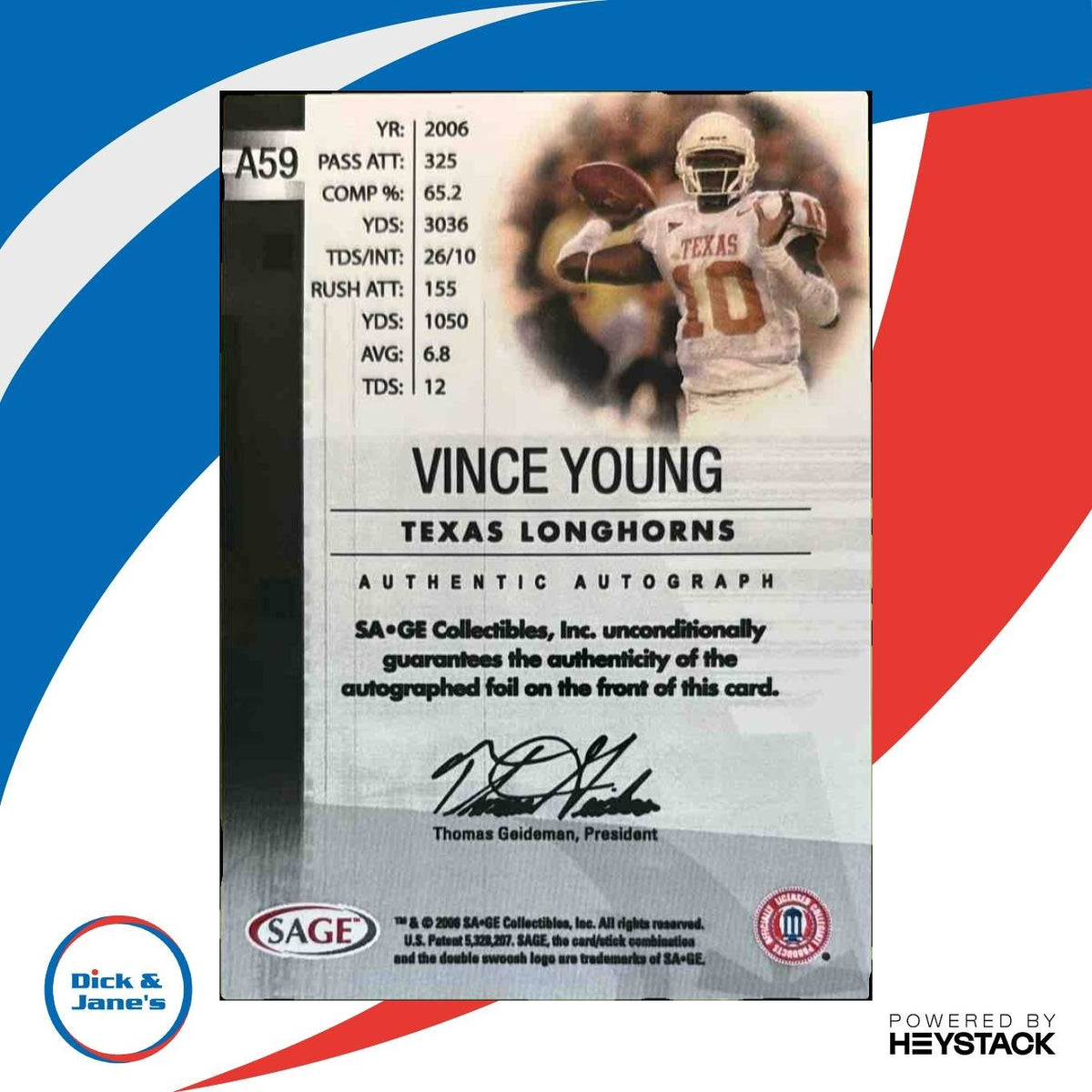 2006 SAGE Vince Young Auto Bronze /50 #A59 RC Texas Longhorns