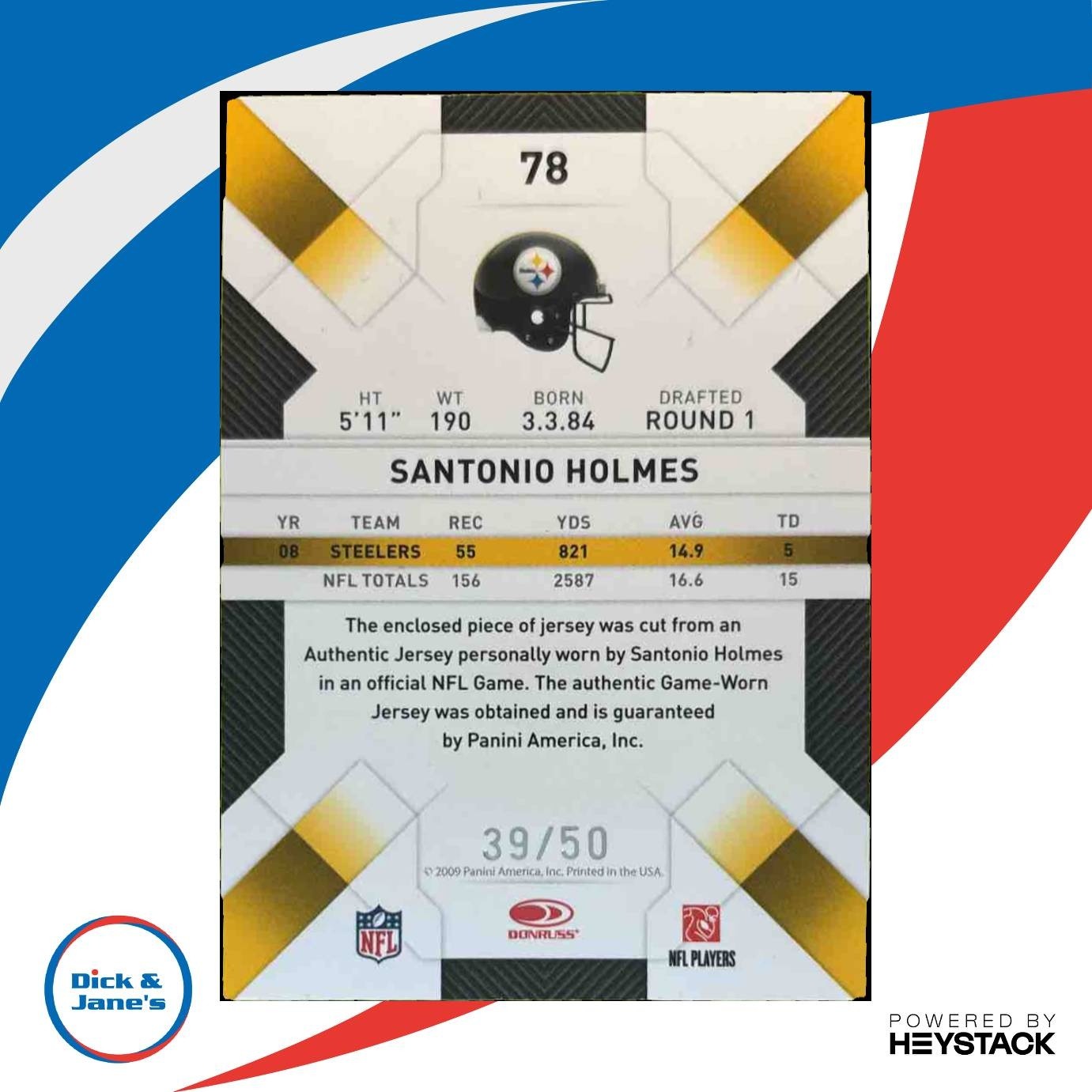 2009 Playoff Absolute Memorabilia Santonio Holmes /50 #78 Pittsburgh Steelers