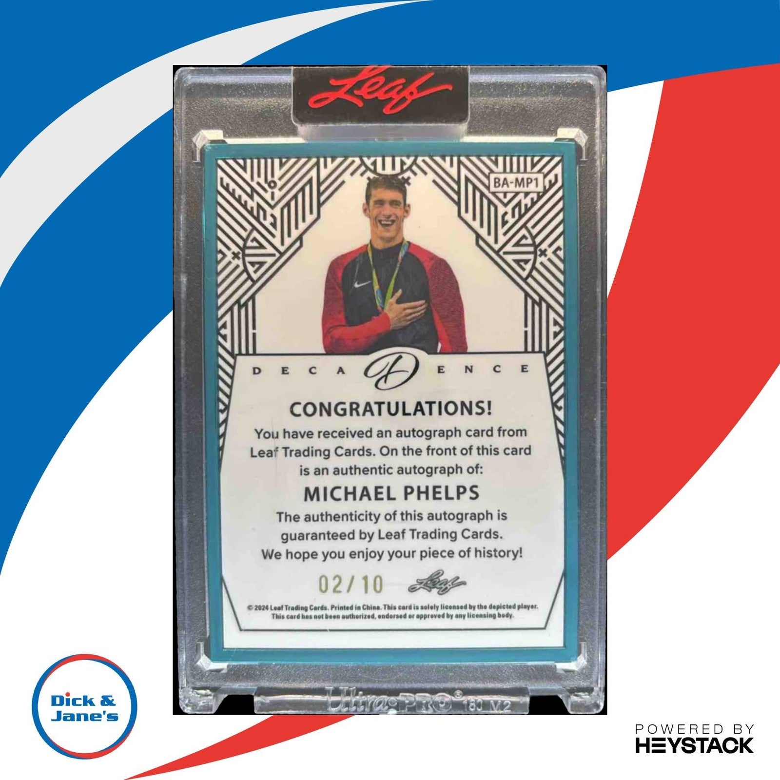 2024 Leaf Decadence Michael Phelps Turquoise Auto 2/10 # Water Color Match? Gold