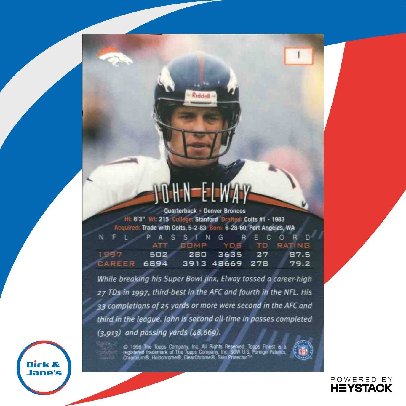 1998 Topps Finest John Elway #1 Denver Broncos