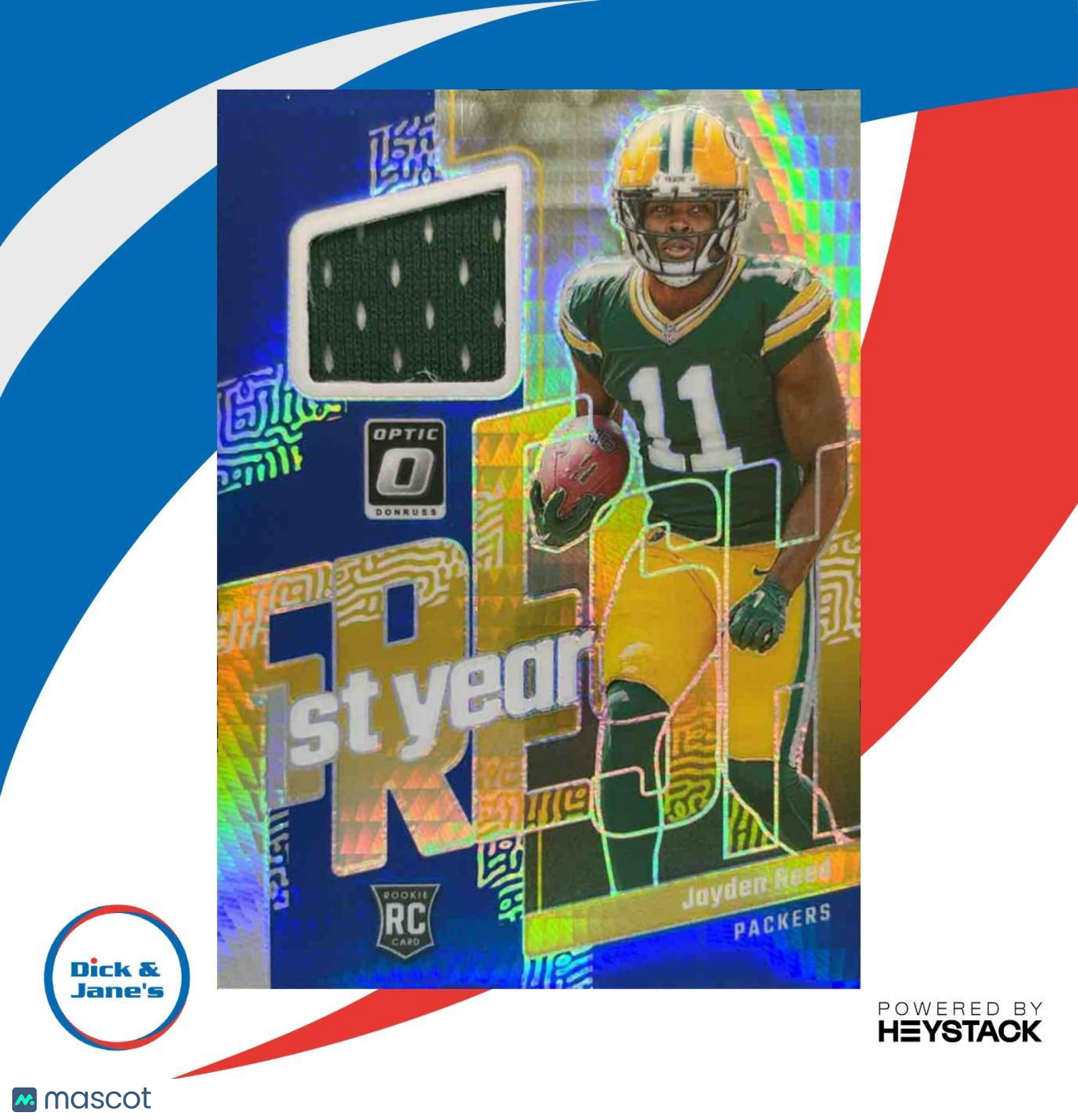 2023 Donruss Optic Jayden Reed First Year Fresh Blue Hyper MEM RC Packers
