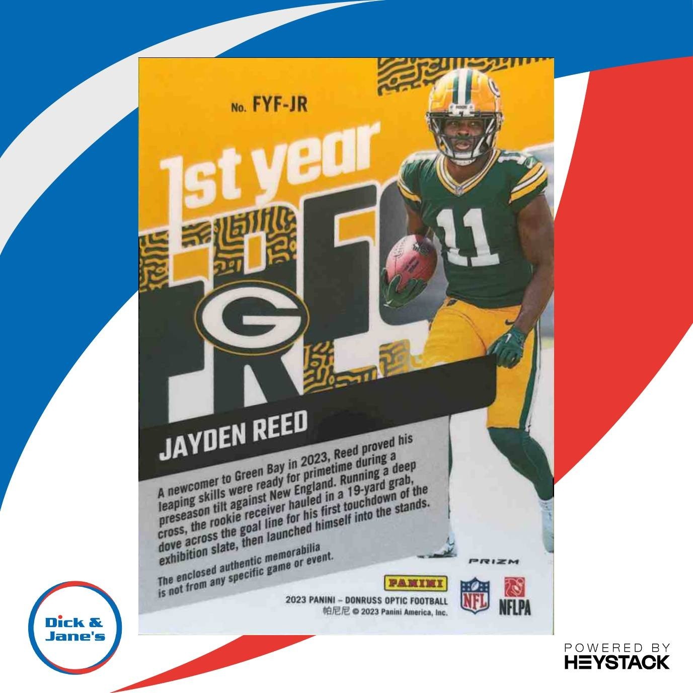 2023 Donruss Optic Jayden Reed First Year Fresh Blue Hyper MEM RC Packers