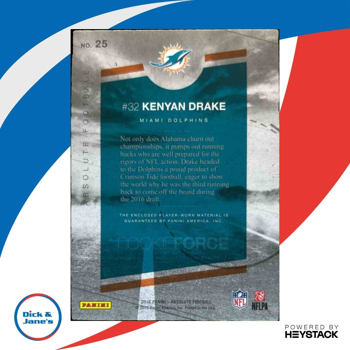 2016 Panini Absolute Kenyan Drake Rookie Force Materials Blue #25 RC Dolphins