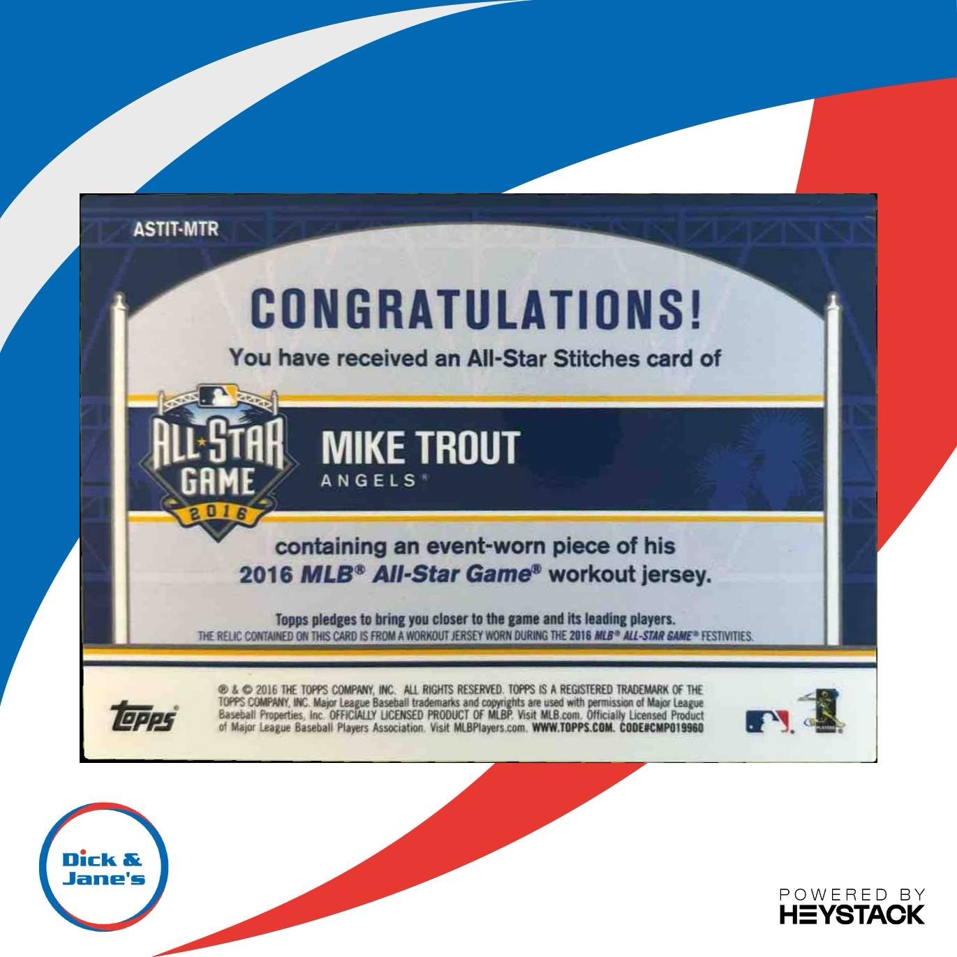 2016 Topps Update Mike Trout All Star Stitches #ASTIT-MTR MEM Los Angeles Angels