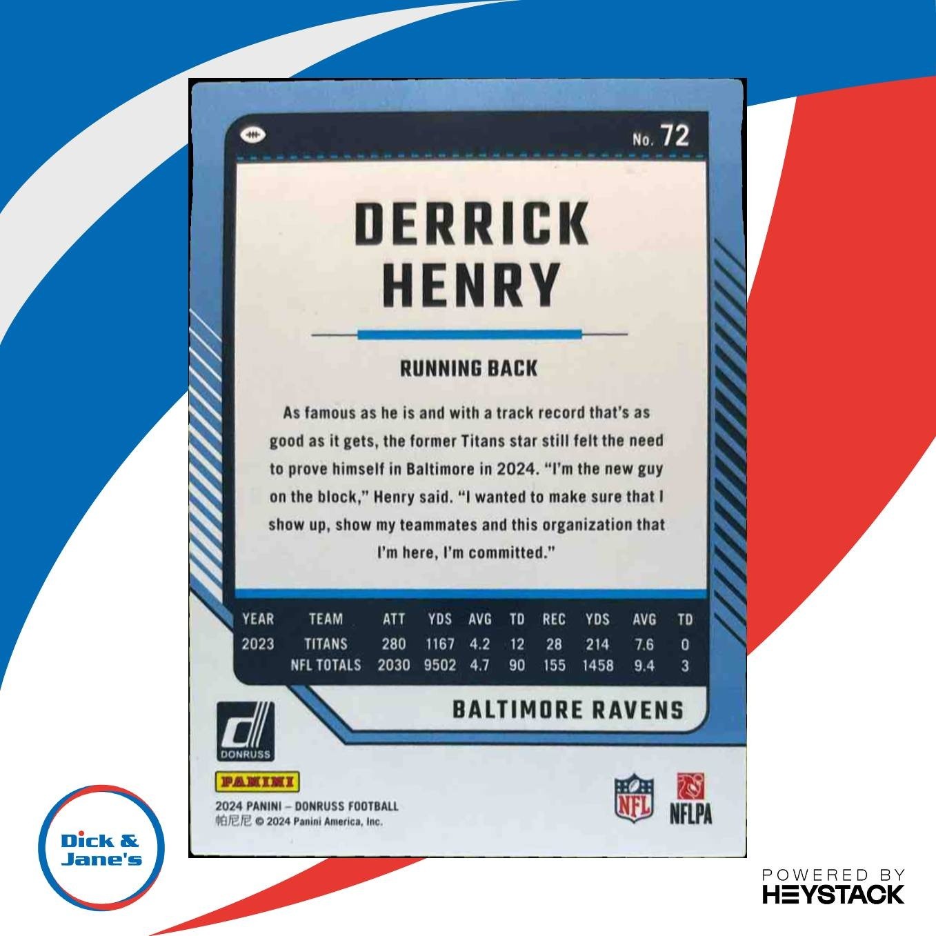 2024 Panini Donruss Derrick Henry Jersey Number /22 #72 Baltimore Ravens