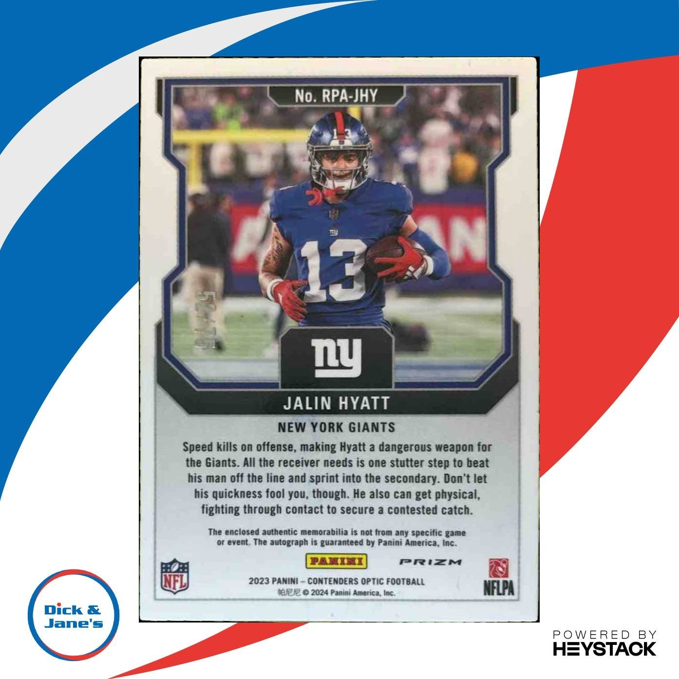 2023 Contenders Optic Jalin Hyatt Rookie Patch Auto /75 MEM RC New York Giants