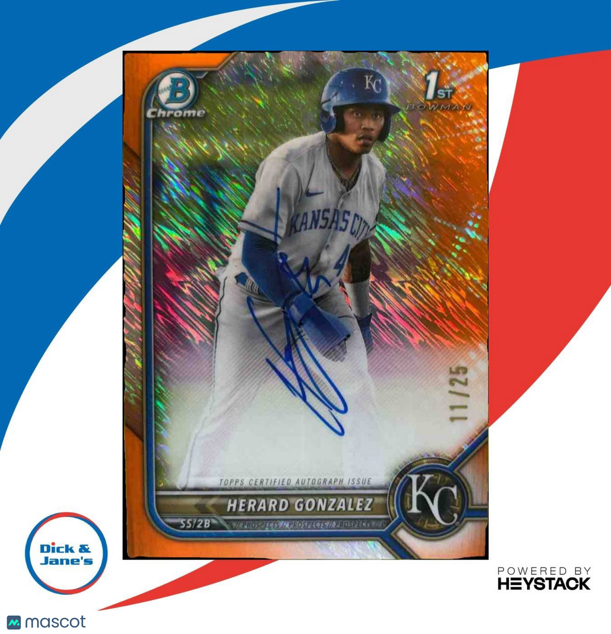 2022 Bowman Chrome Herard Gonzalez Auto Orange Shimmer /25 1st Prospect Royals