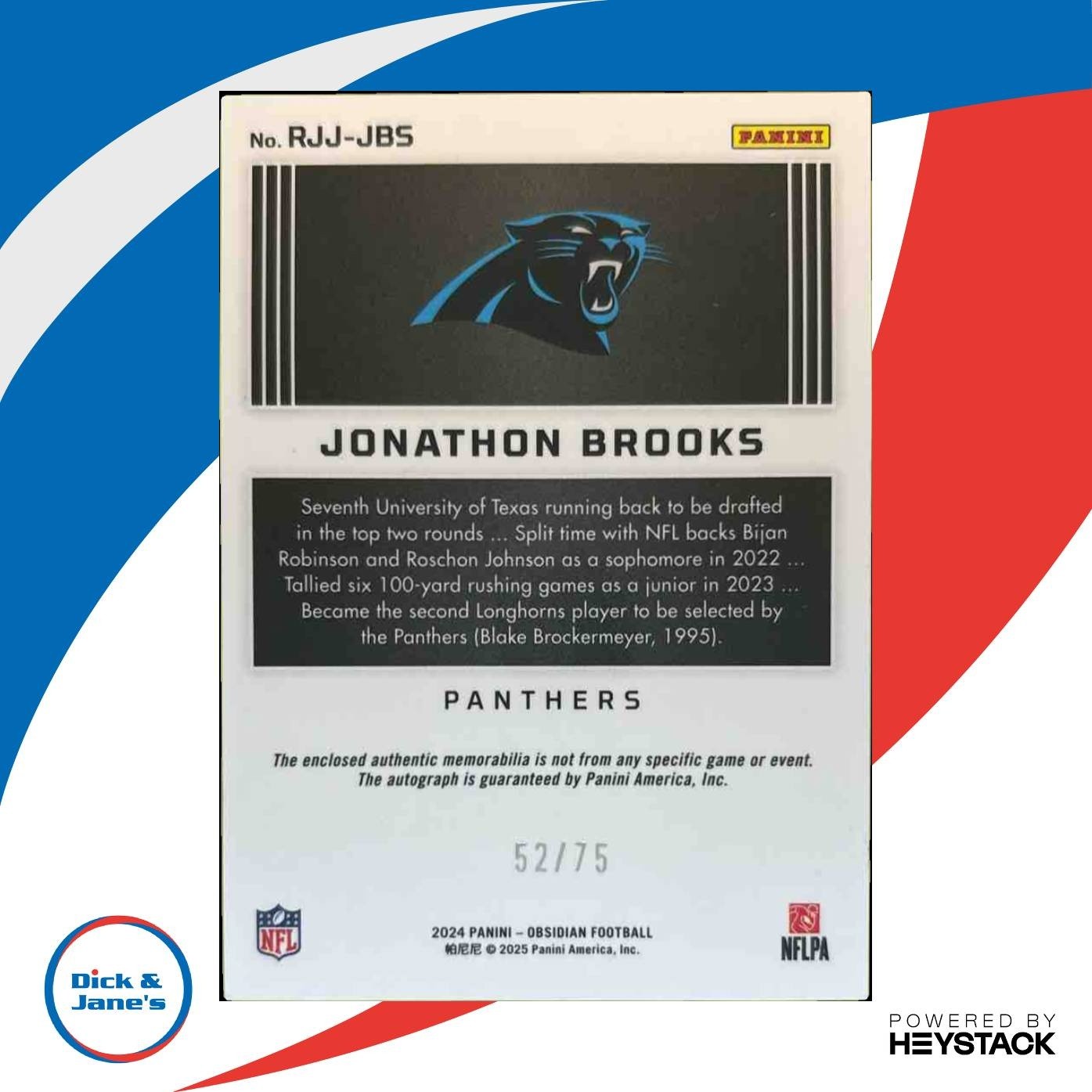 2024 Panini Obsidian Jonathon Brooks Rookie Jumbo Jersey Auto Red /75 Panthers