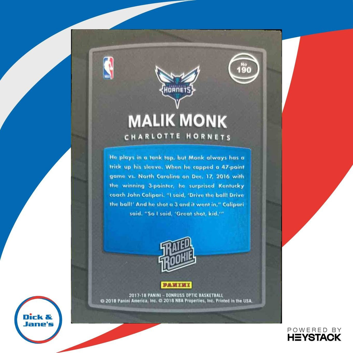 2017-18 Panini Donruss Optic Malik Monk #190 RC Charlotte Hornets