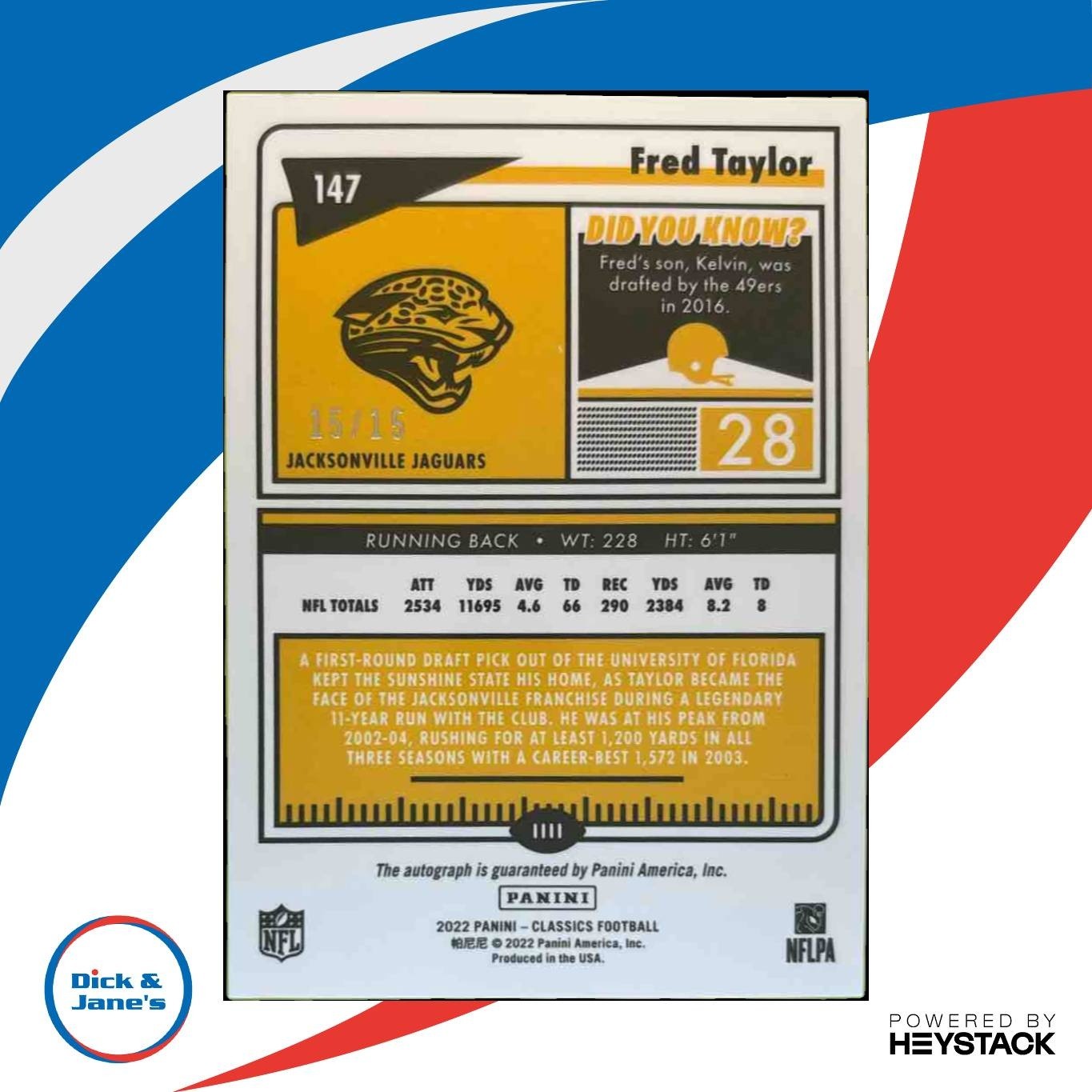 2022 Panini Classics Fred Taylor Signatures Gold /15 Auto Jacksonville Jaguars