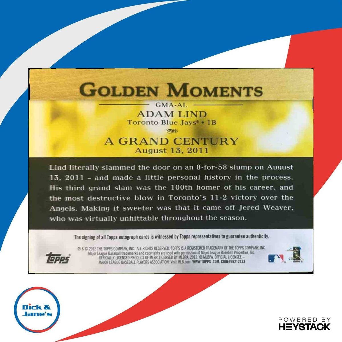 2012 Topps Adam Lind Golden Moments Auto #GMA-AL Toronto Blue Jays