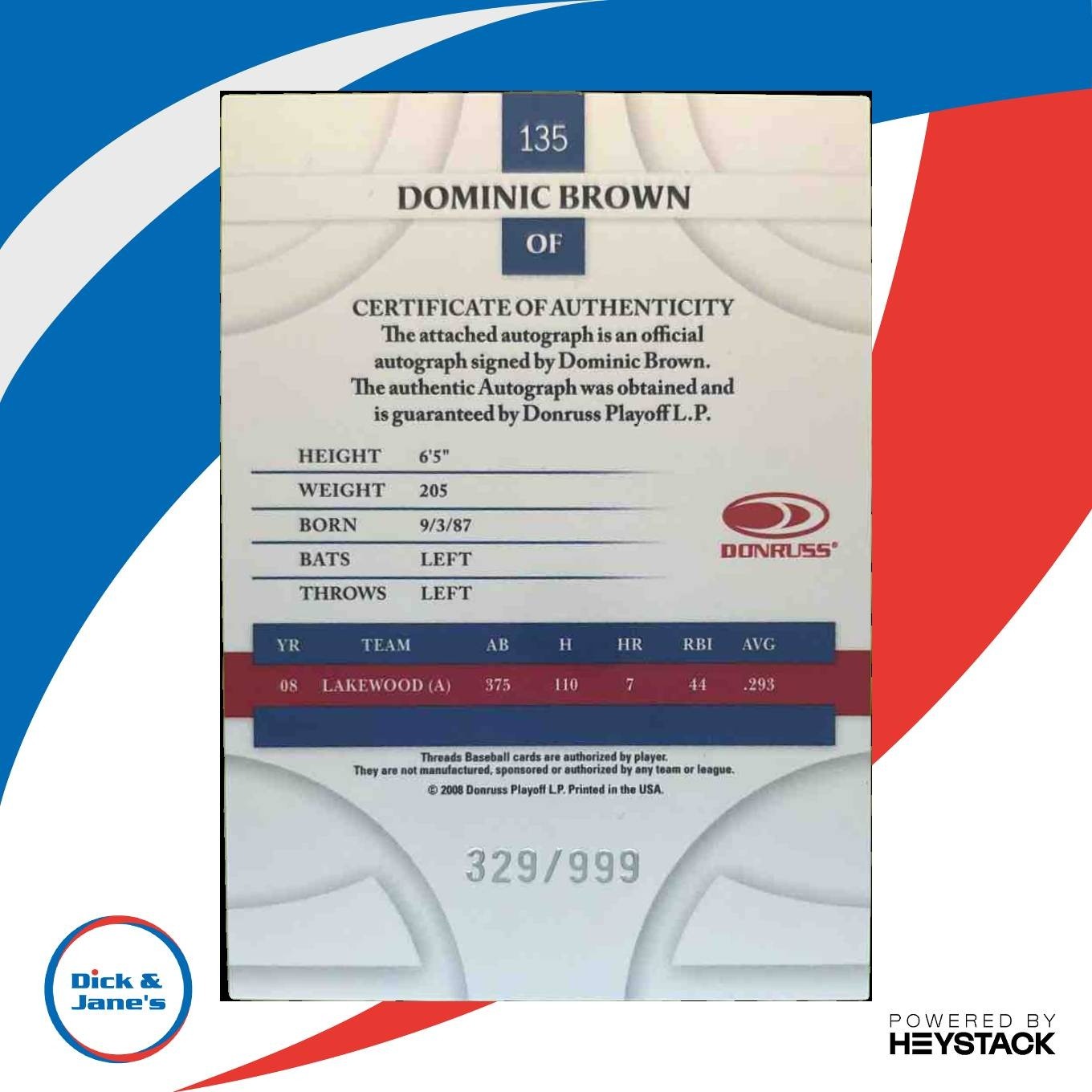 2008 Donruss Threads Dominic Brown Signatures /999 #135 Auto Phillies