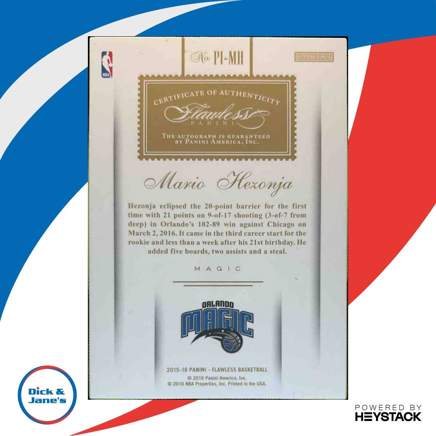 2015-16 Panini Flawless Mario Hezonja Premium Ink Emerald 3/5 RC Auto Magic
