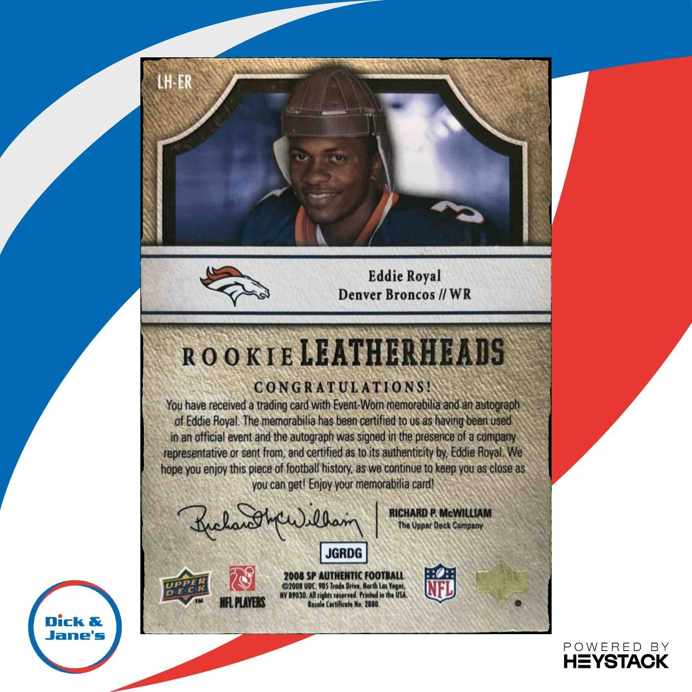 2008 SP Authentic Eddie Royal Rookie Leatherheads Auto /150 RC Denver Broncos