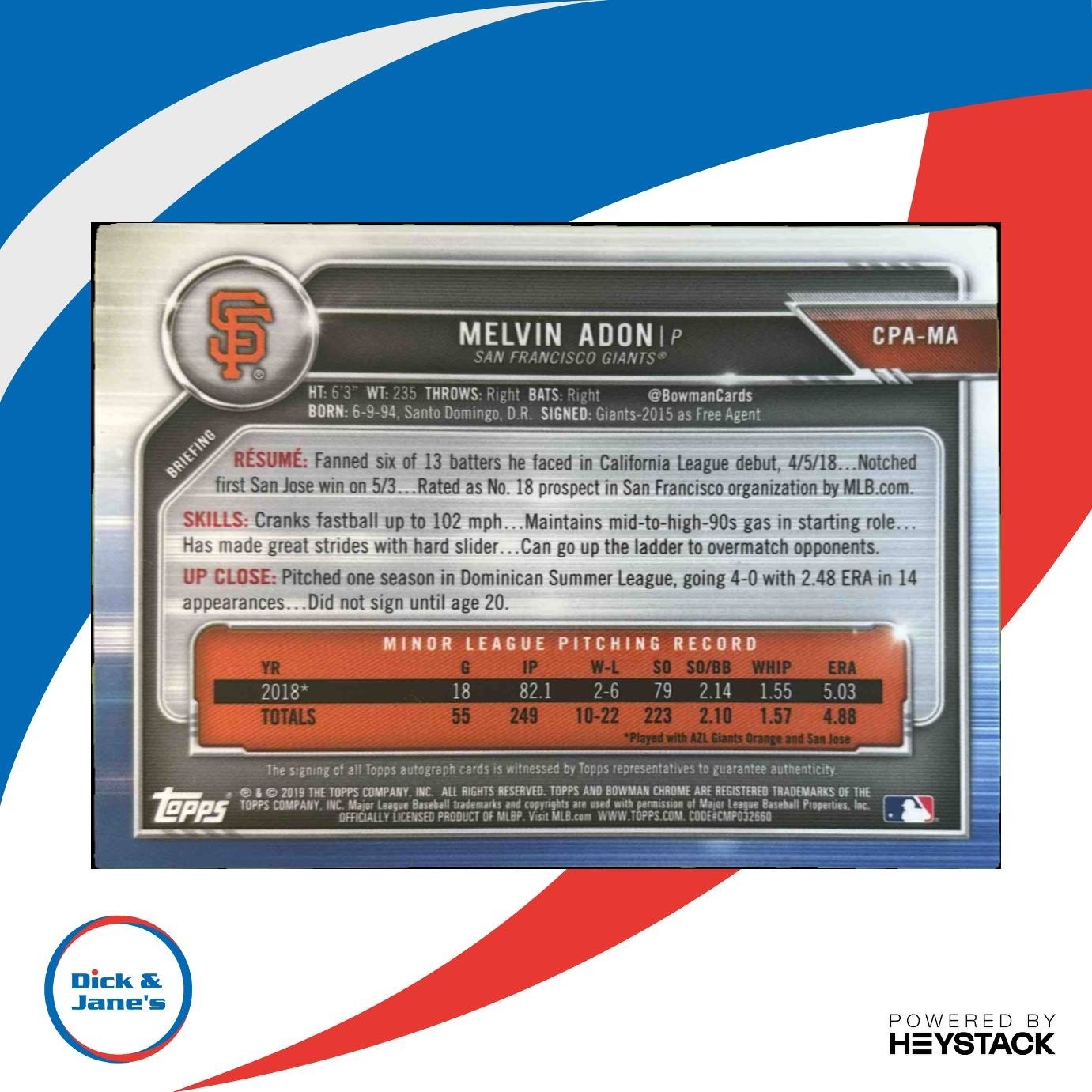 2019 Bowman Chrome Melvin Adon Auto #CPA-MA 1st Prospect San Francisco Giants