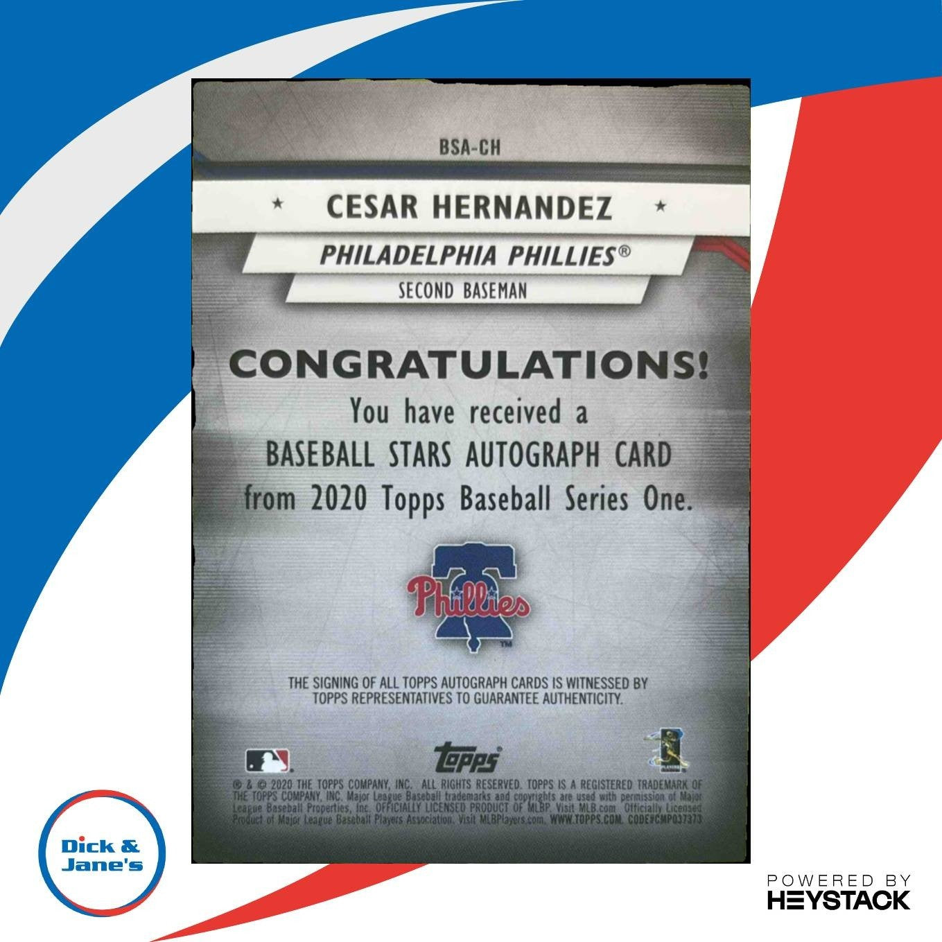 2020 Topps Cesar Hernandez Baseball Stars Auto #BSA-CH Philadelphia Phillies