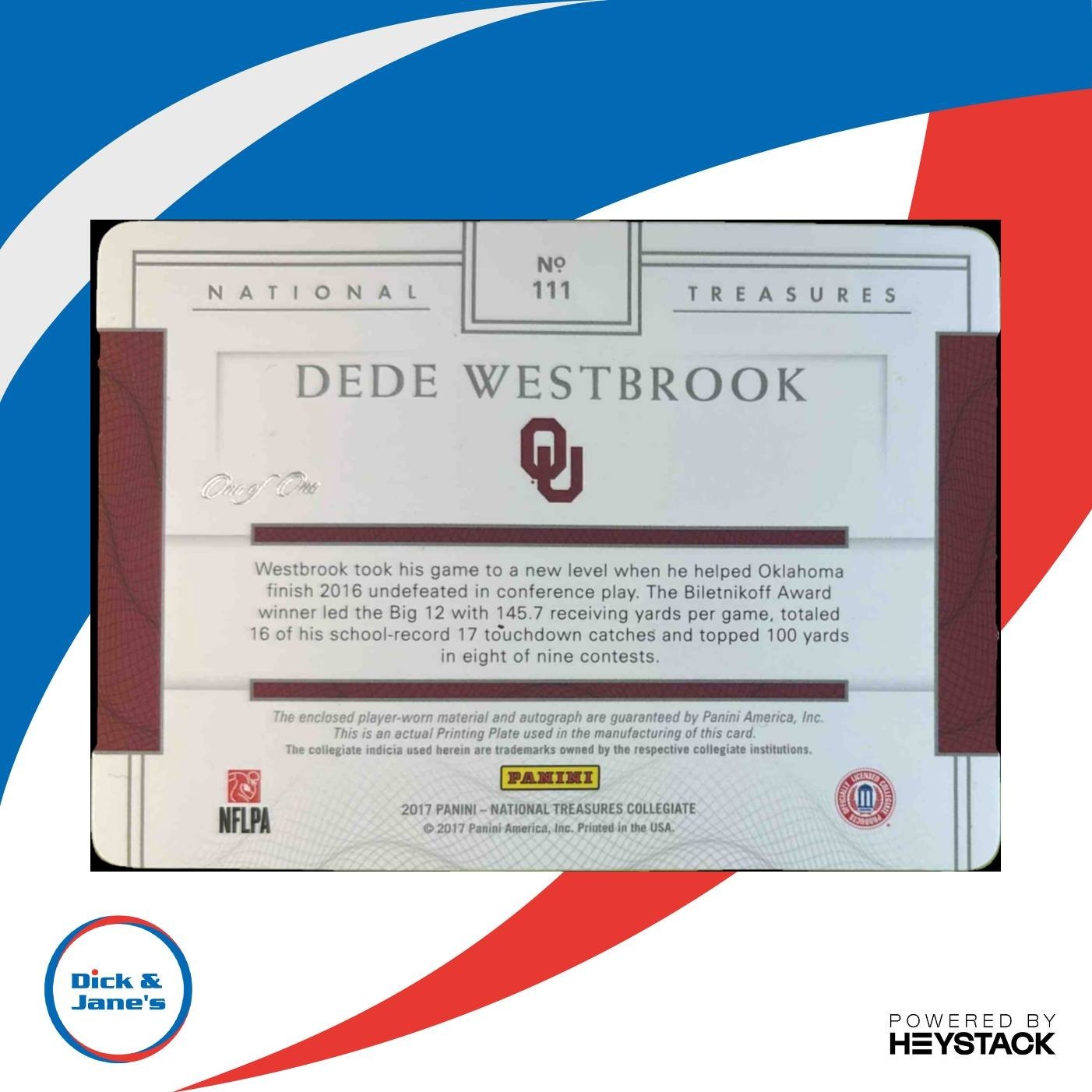 2017 National Treasures Collegiate Dede Westbrook Patch Auto Plate 1/1 RC