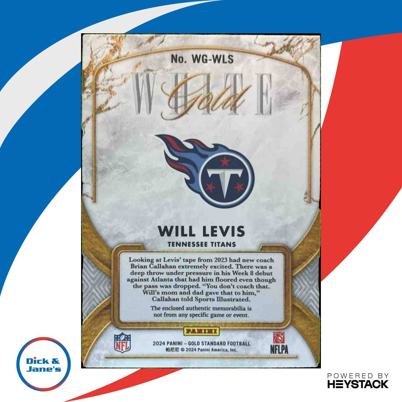 2024 Panini Gold Standard Will Levis White Memoribilia /299 MEM Tennessee Titans
