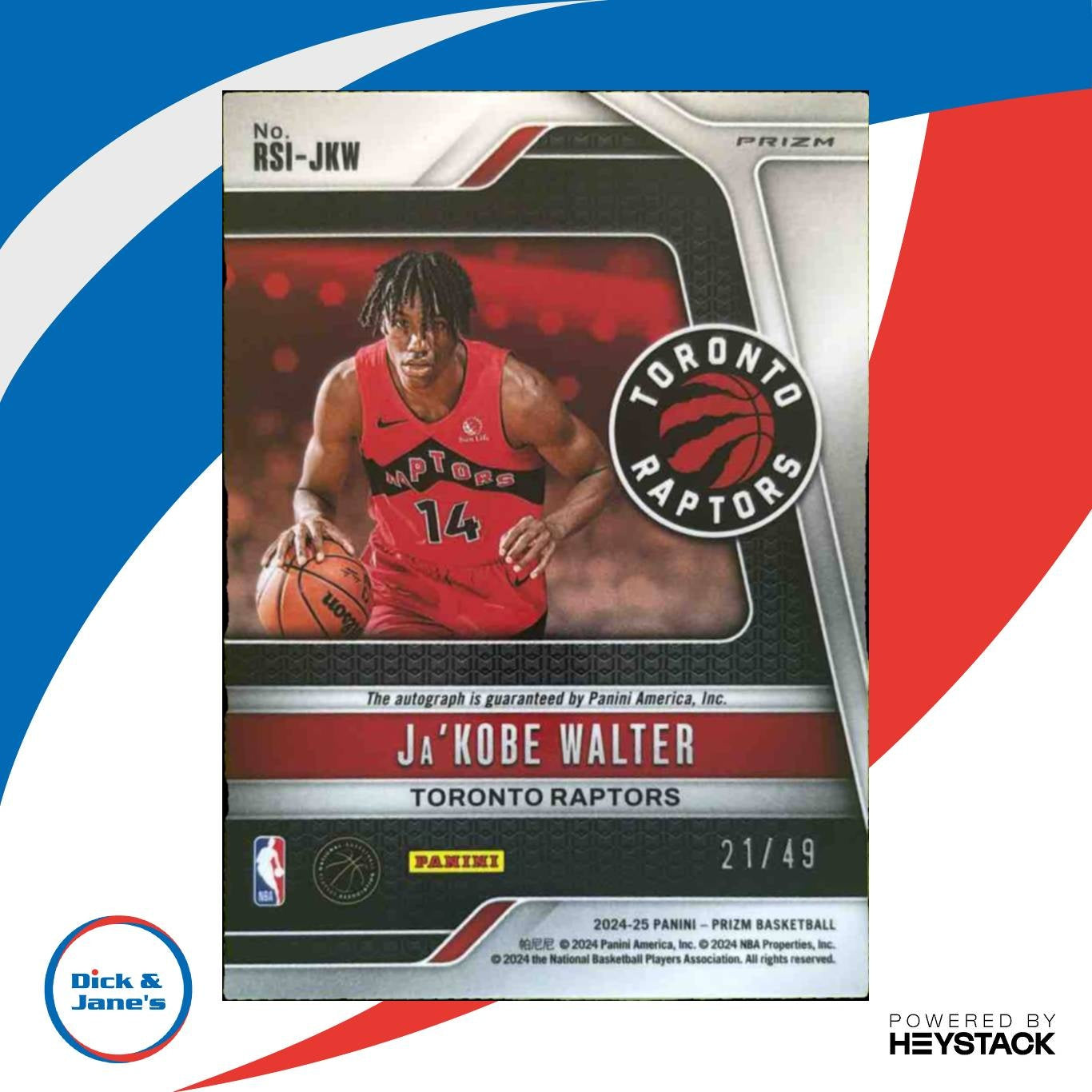 2024-25 Panini Prizm Ja'Kobe Walter Rookie Signatures Blue /49 Auto RC Raptors