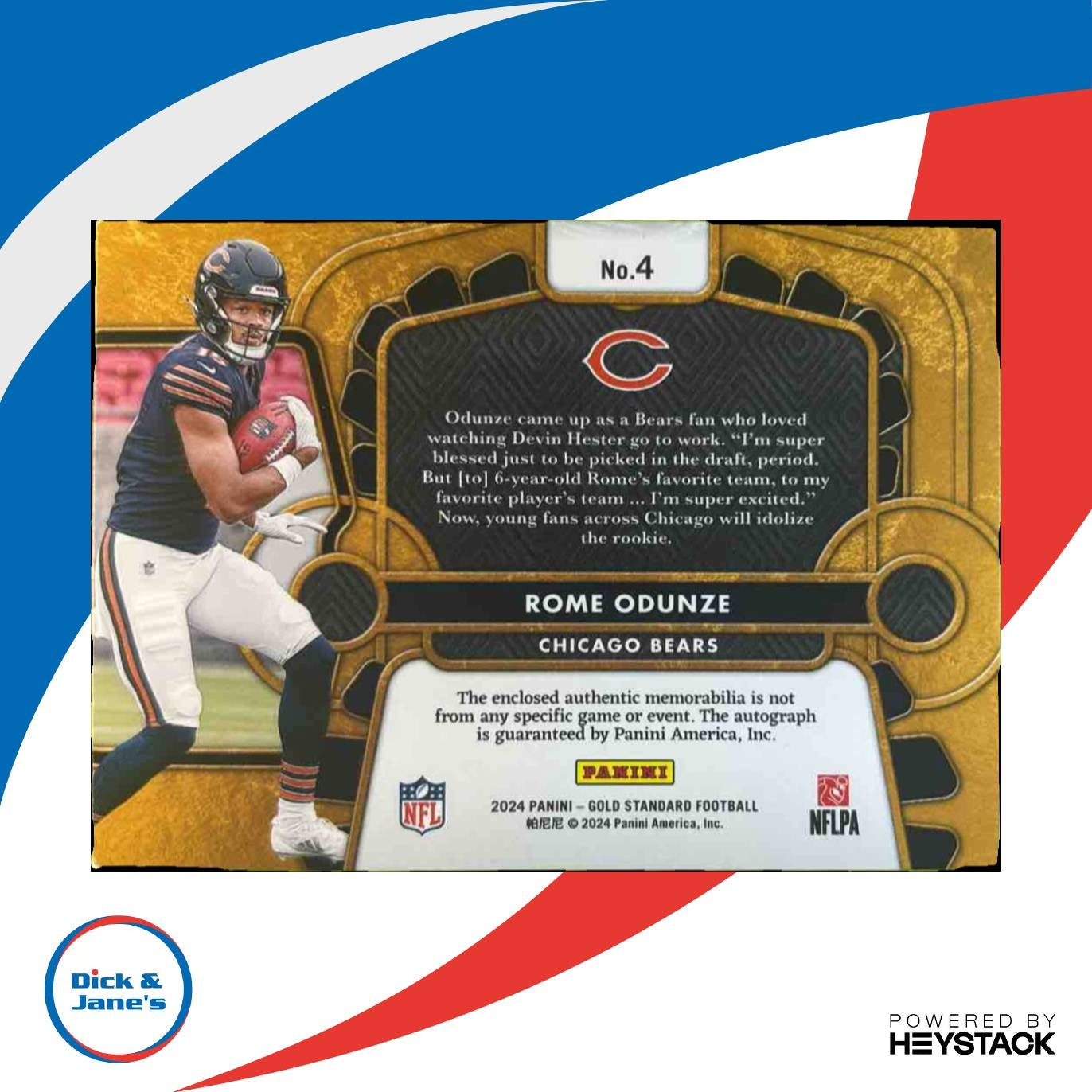 2024 Panini Gold Standard Rome Odunze Rookie Dual Jersey Auto /149 MEM RC Bears