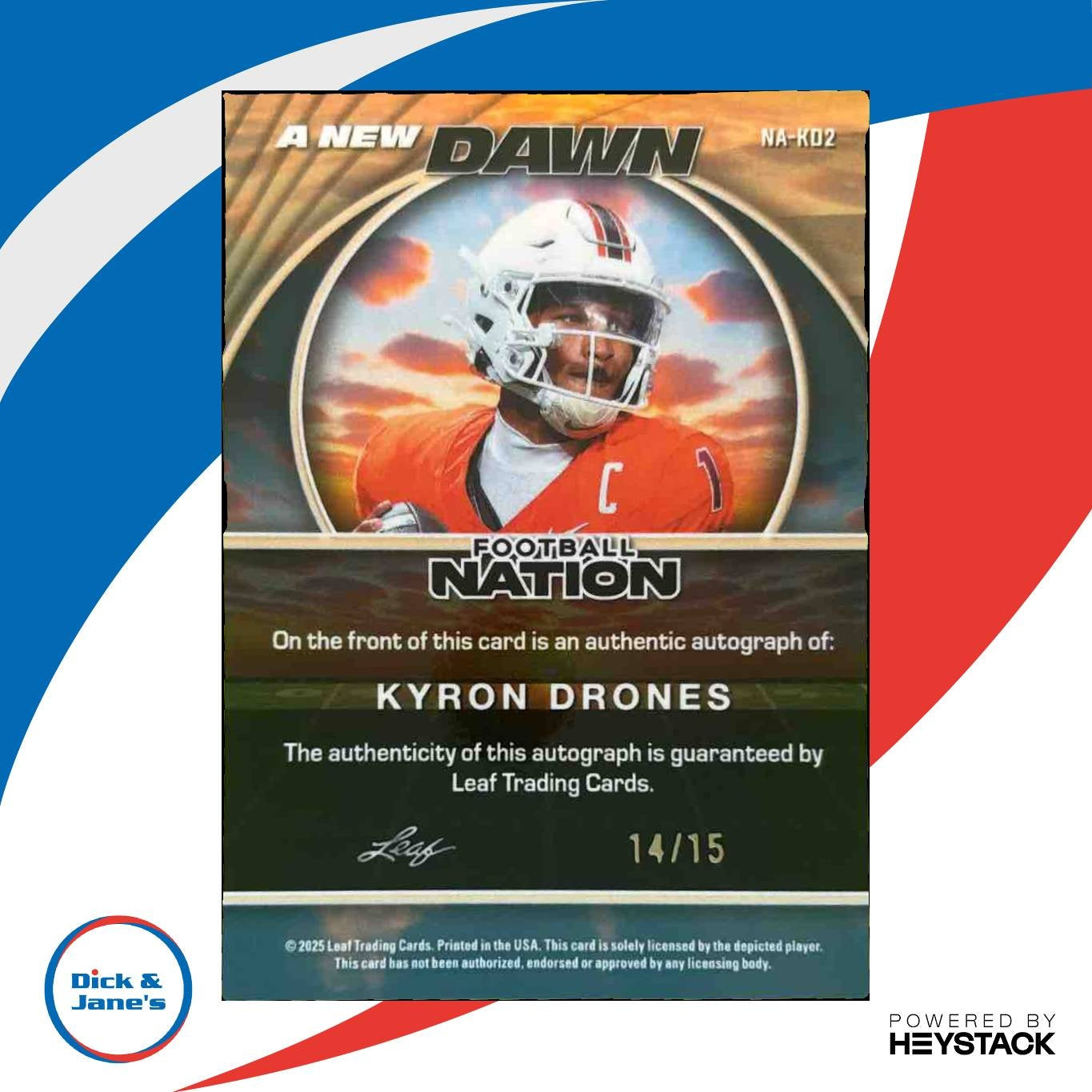 2025 Leaf Football Nation Kyron Drones A New Dawn Auto Prismatic Silver /15