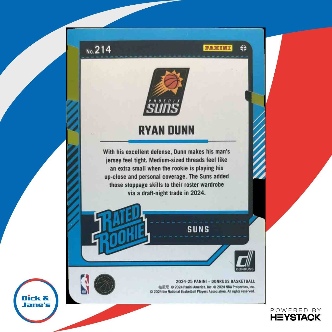 2024-25 Panini Donruss Ryan Dunn Silver Press Proof Die-Cut /75 #214 RC Suns