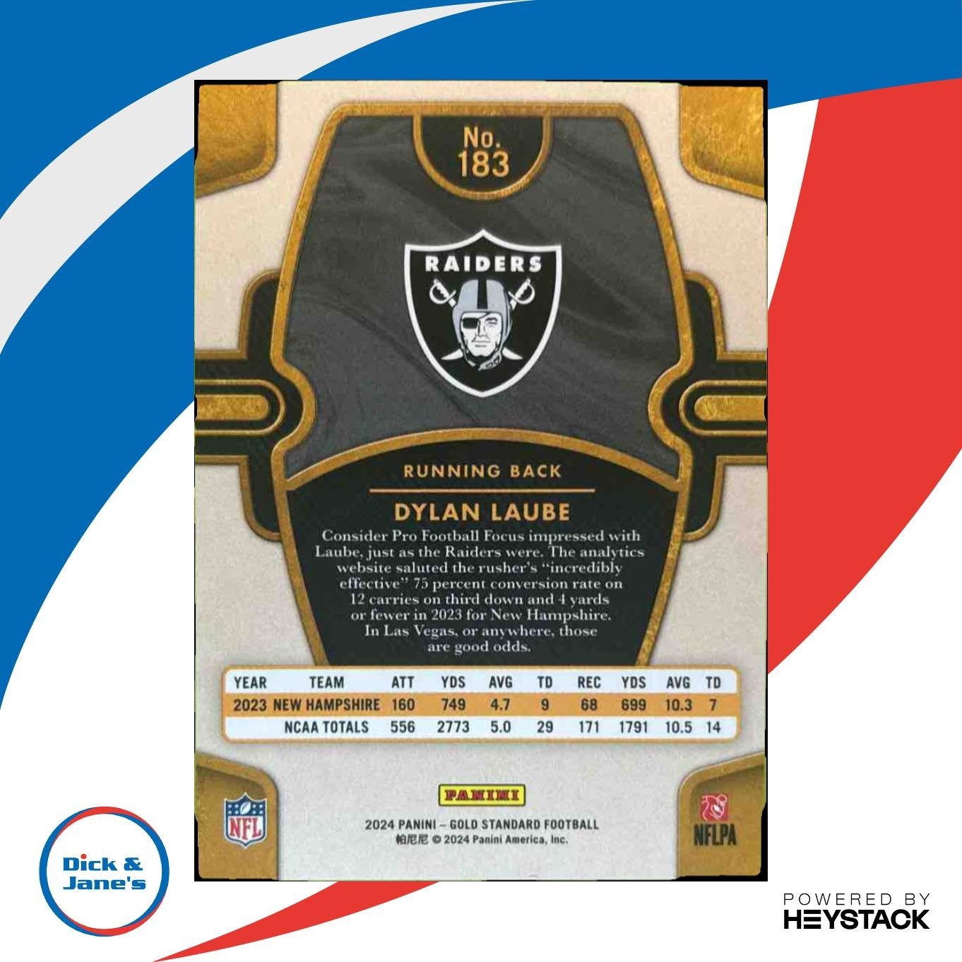 2024 Panini Gold Standard Dylan Laube White 4/65 #183 RC Las Vegas Raiders