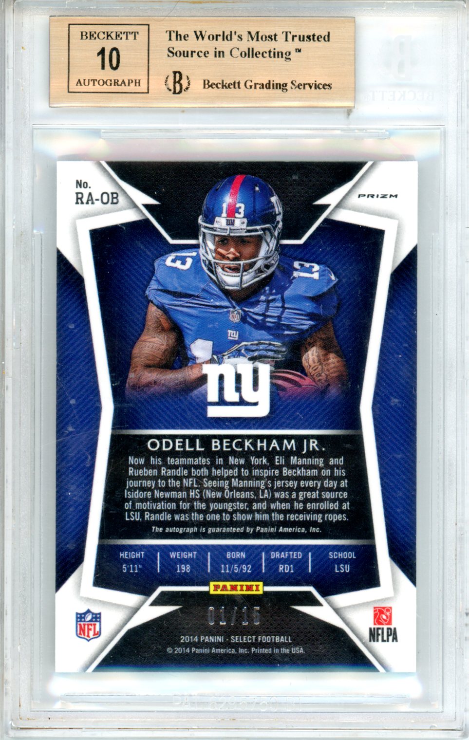 2014 Select Rookie Autographs Prizm Purple Odell Beckham Jr. /15 #RAOB BGS 9.5