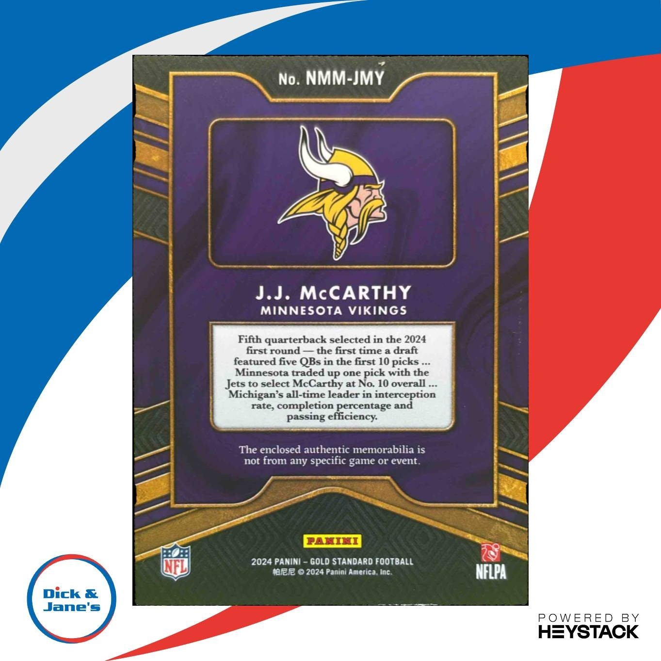 2024 Panini Gold Standard J.J. McCarthy Newly Minted Patch /499 MEM RC Vikings