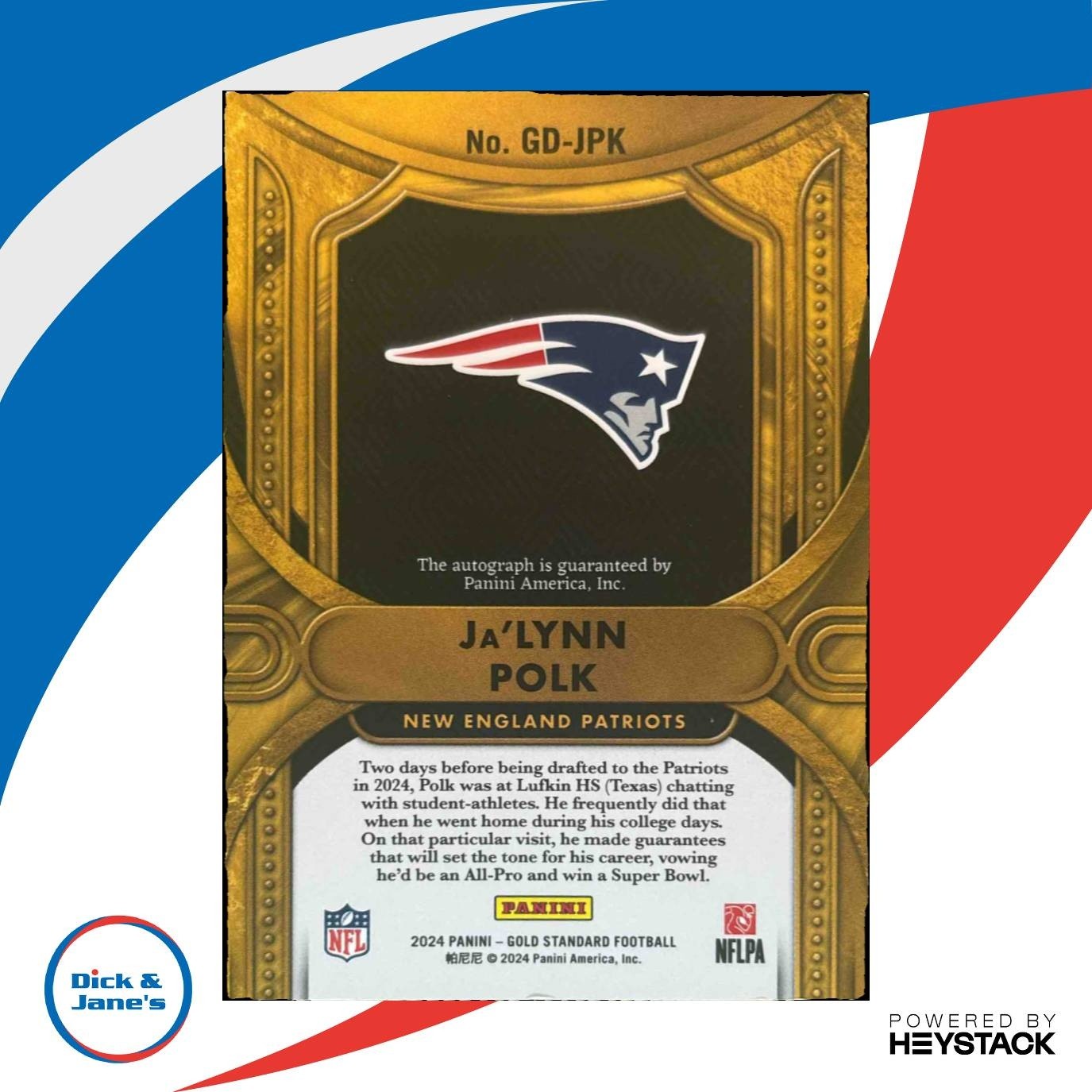 2024 Panini Gold Standard Ja'Lynn Polk Golden Debut Auto /10 RC Patriots