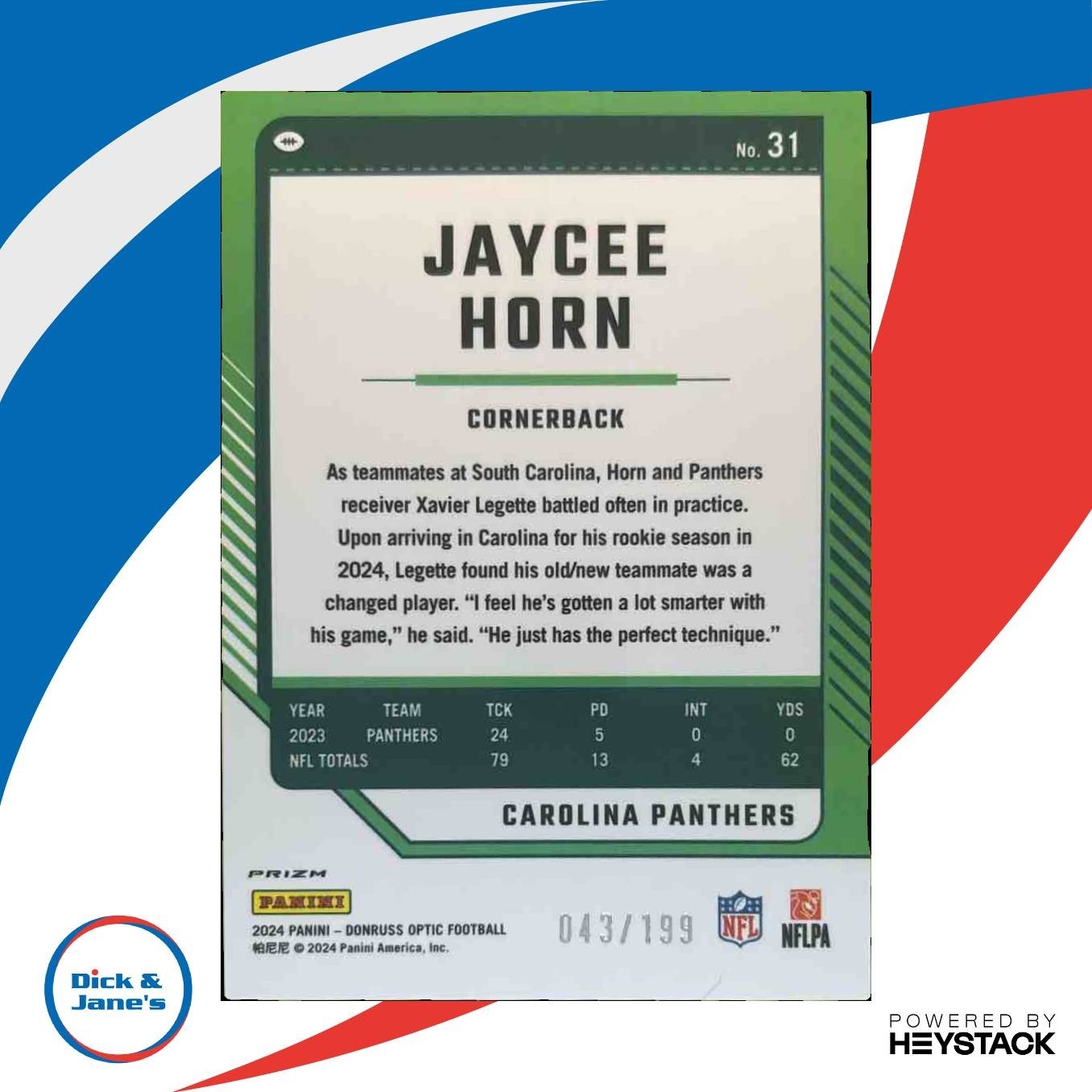 2024 Panini Donruss Optic Jaycee Horn Blue 43/199 #31 Carolina Panthers