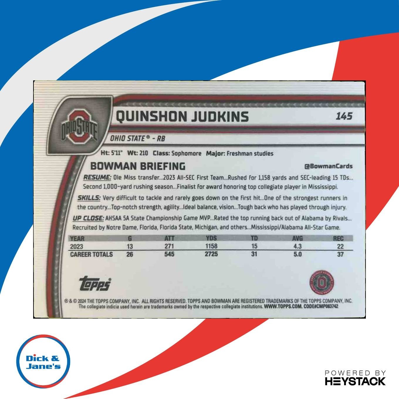 2024 Bowman Chrome University Quinshon Judkins Fuchsia /125 Ohio State Buckeyes