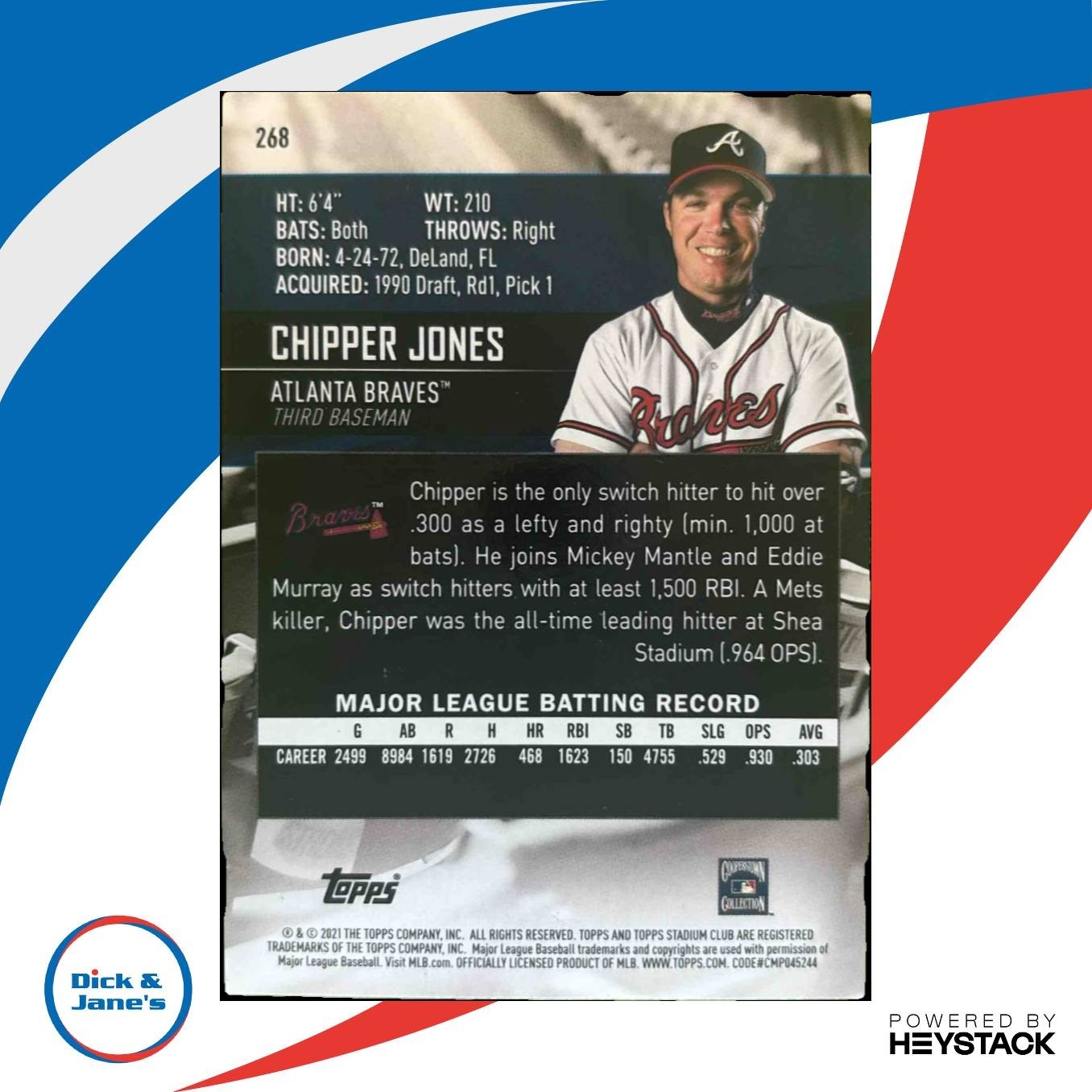 2021 Topps Stadium Club Chipper Jones Photographer's Proof #268 Atlanta Braves