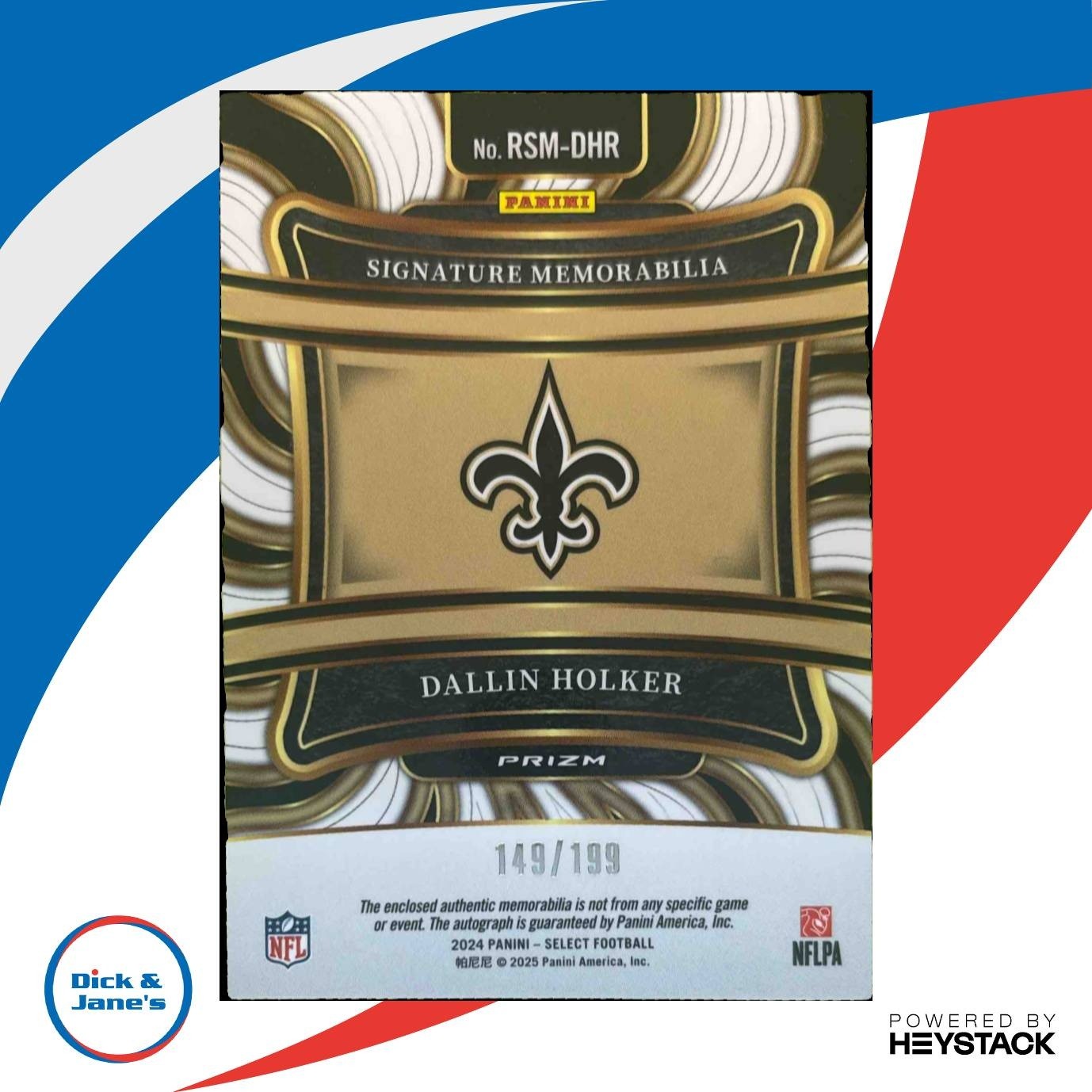 2024 Panini Select Dallin Holker Patch Auto /199 MEM RC Auto New Orleans Saints