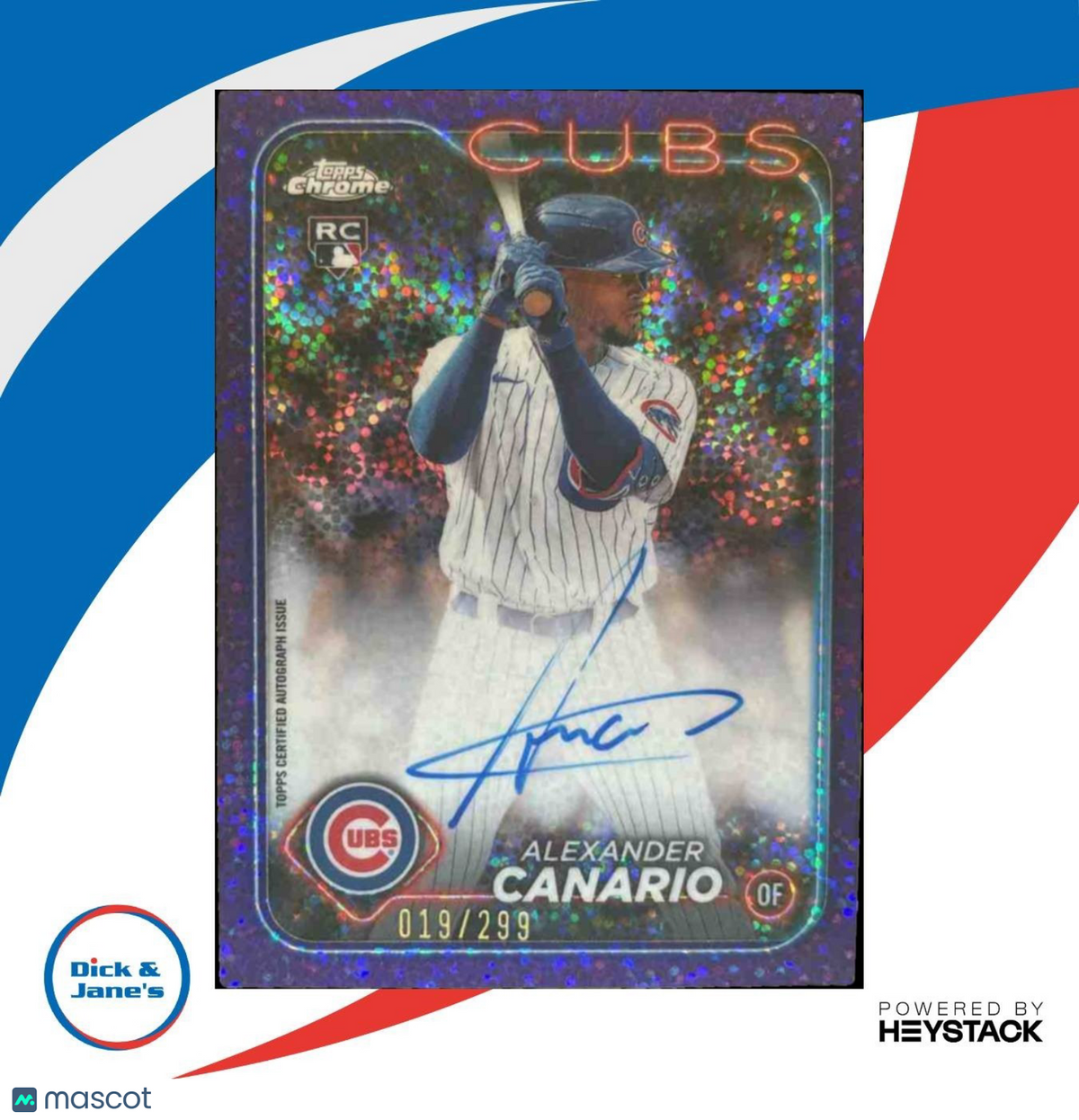 2024 Topps Chrome Alexander Canario Rookie Auto Purple Speckle /299 RC Cubs