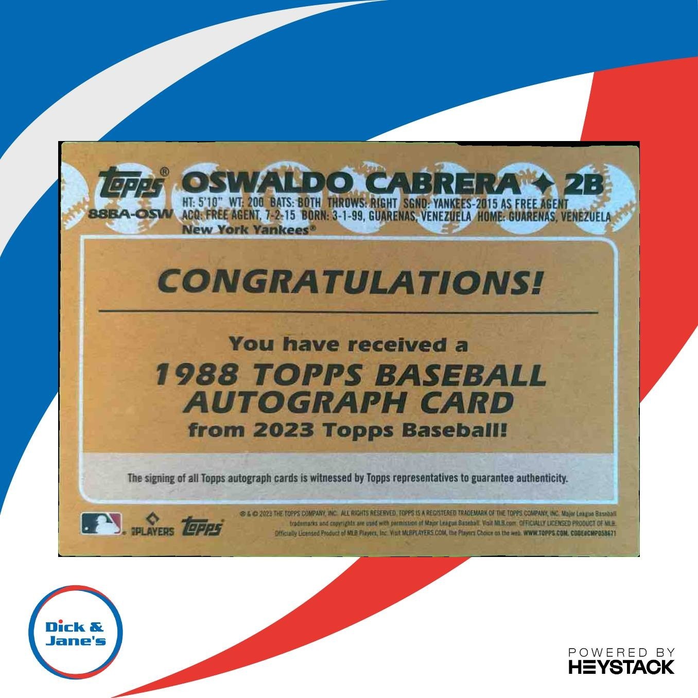 2023 Topps Oswaldo Cabrera 1988 Baseball 35th Anniversary Auto RC Yankees
