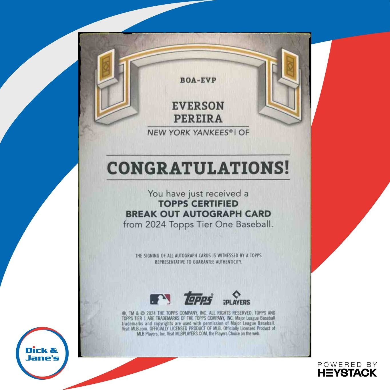 2024 Topps Tier One Everson Pereira Break Out Auto Blue /99 RC New York Yankees