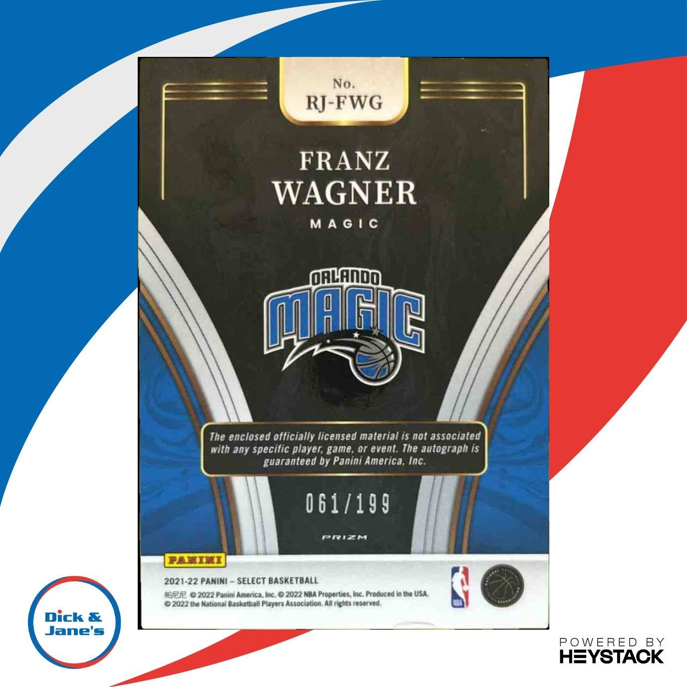 2021-22 Panini Select Franz Wagner Rookie Jersey Auto 61/199 RC Orlando Magic