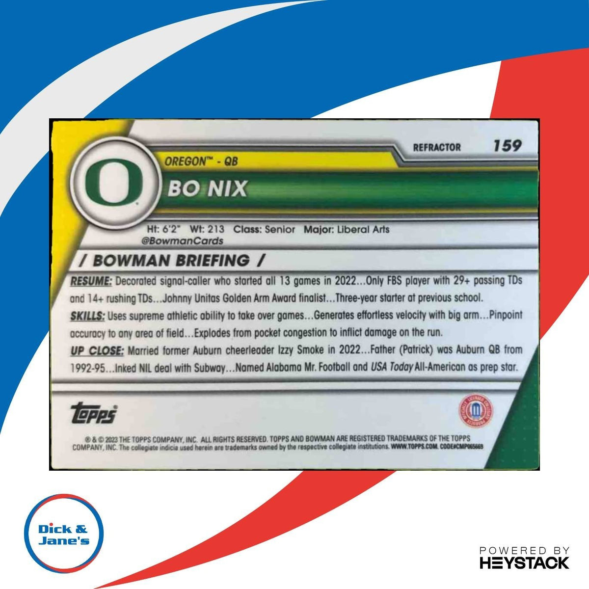 2023 Bowman University Chrome Bo Nix Refractor #159 Oregon Ducks