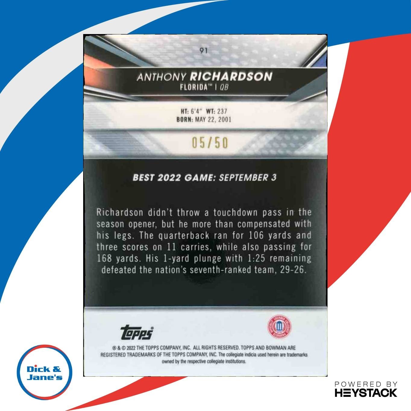 2022 Bowman's Best University Anthony Richardson Gold /50 #91 RC Florida Gators