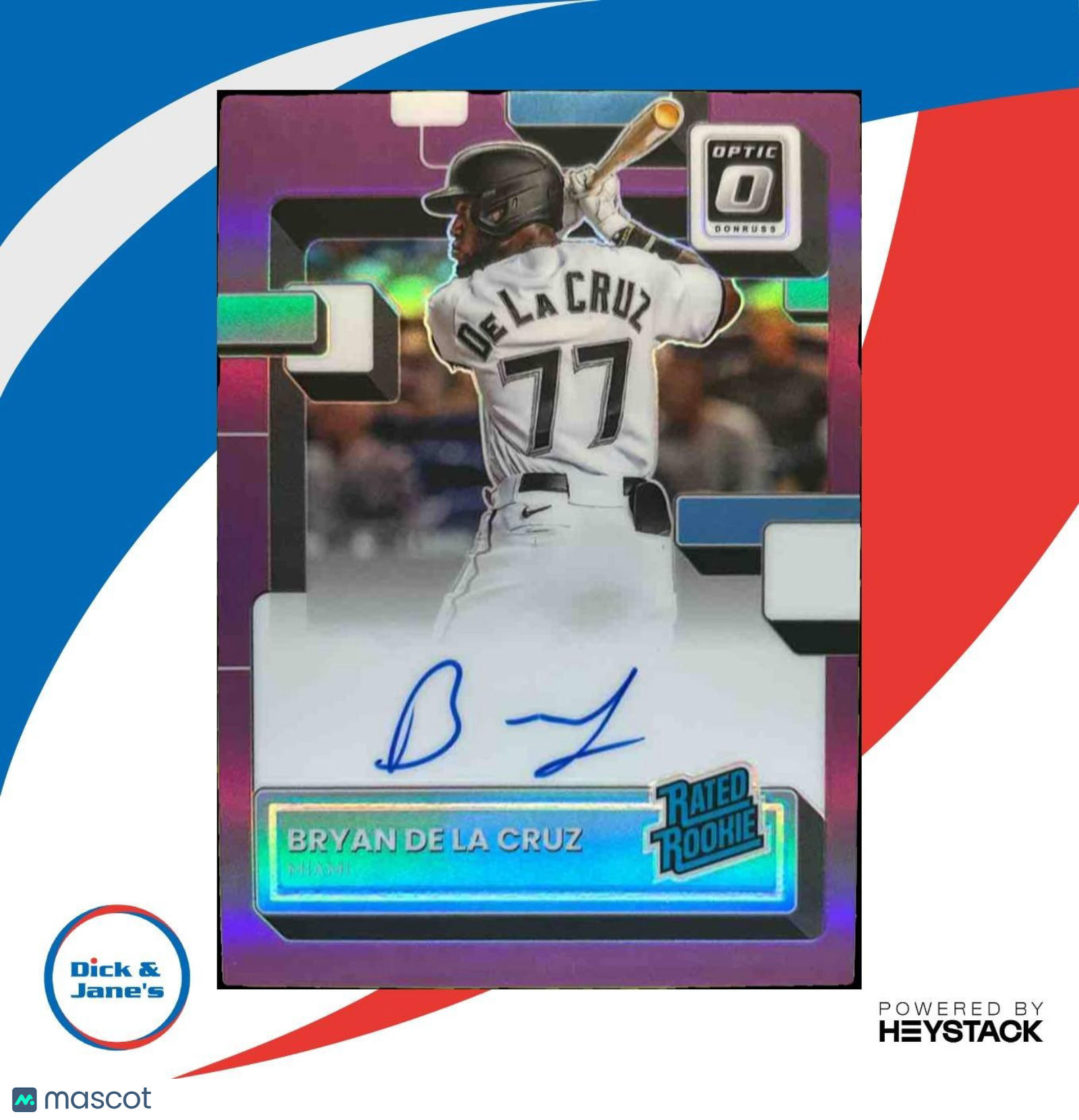2022 Donruss Optic Bryan De La Cruz Purple Auto /150 RC Miami Marlins