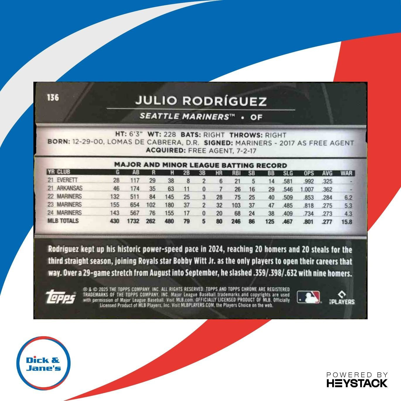 2025 Topps Chrome Black Julio Rodriguez Blue /150 #136 Seattle Mariners
