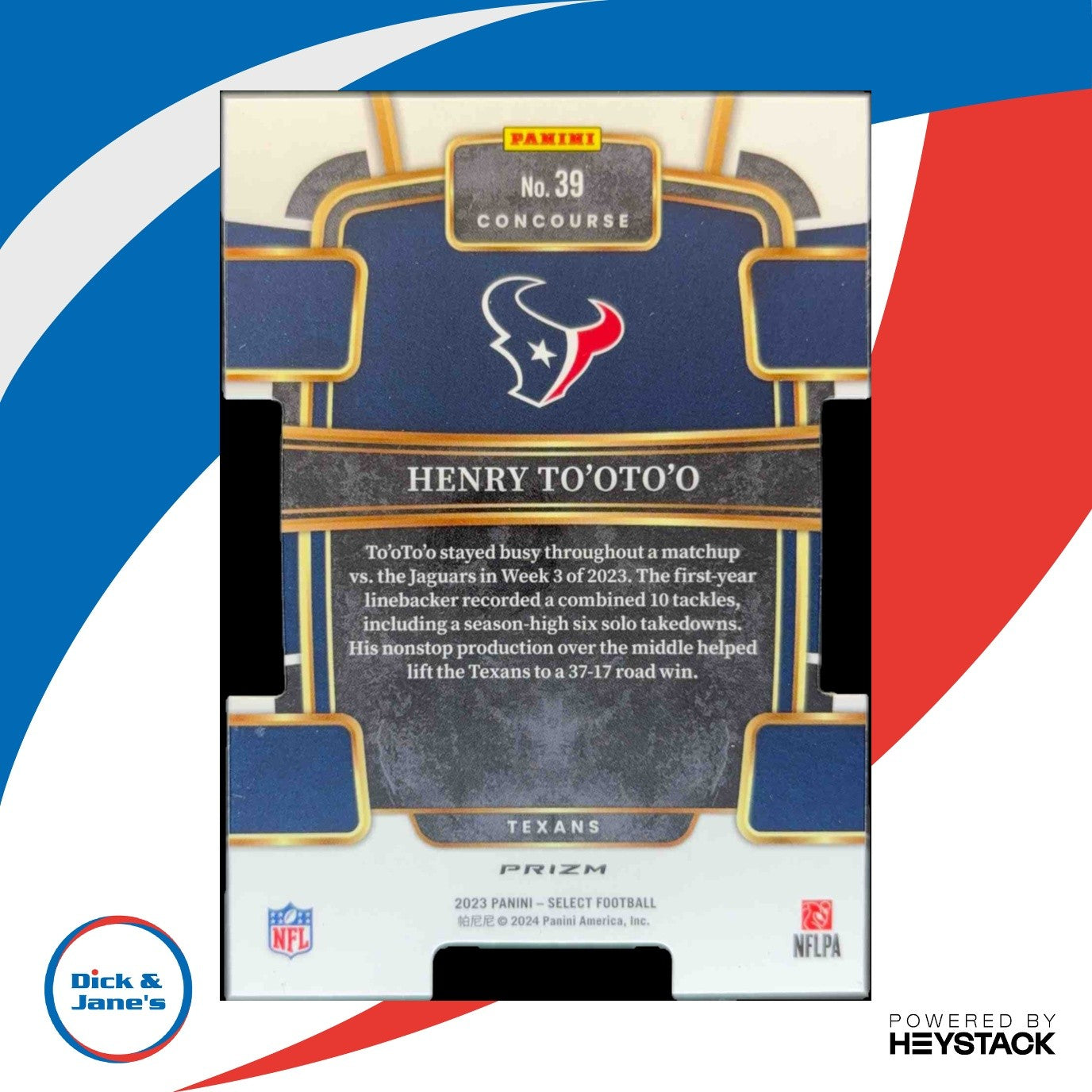 2023 Select Henry To'oTo'o Silver Prizms Die Cut #39 RC Concourse Houston Texans
