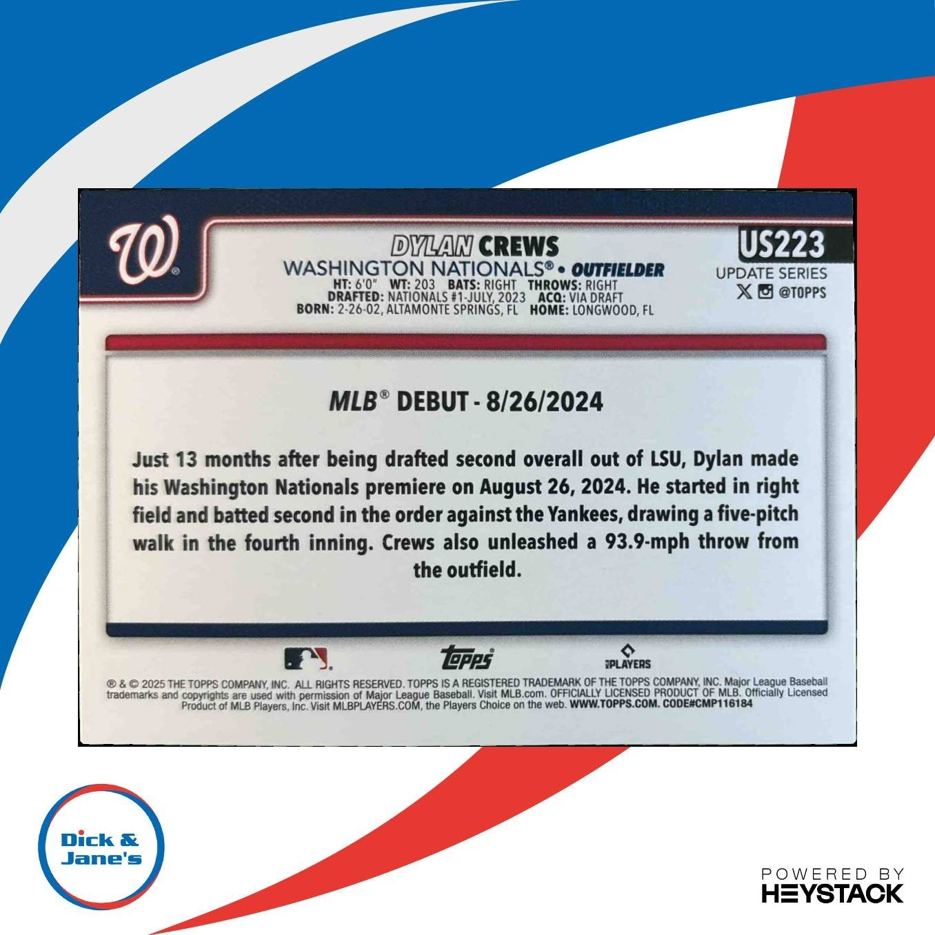 2025 Topps Update Dylan Crews #US223 RC Orange and Black Washington Nationals
