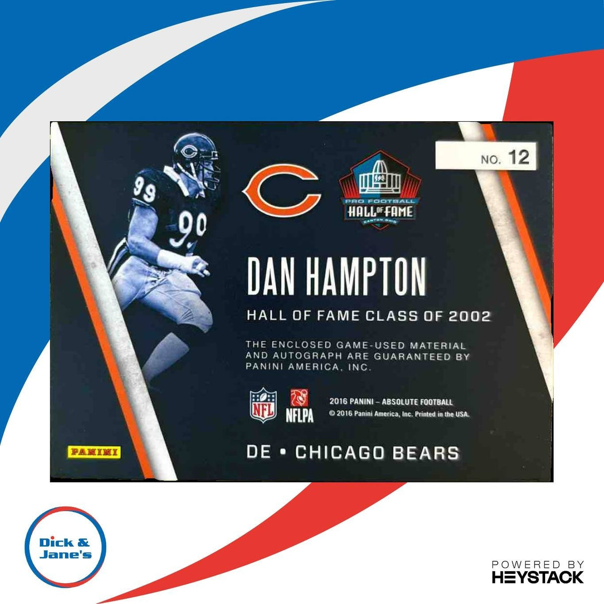 2016 Panini Absolute Dan Hampton Hall of Fame Jersey Auto /25 #12 Chicago Bears